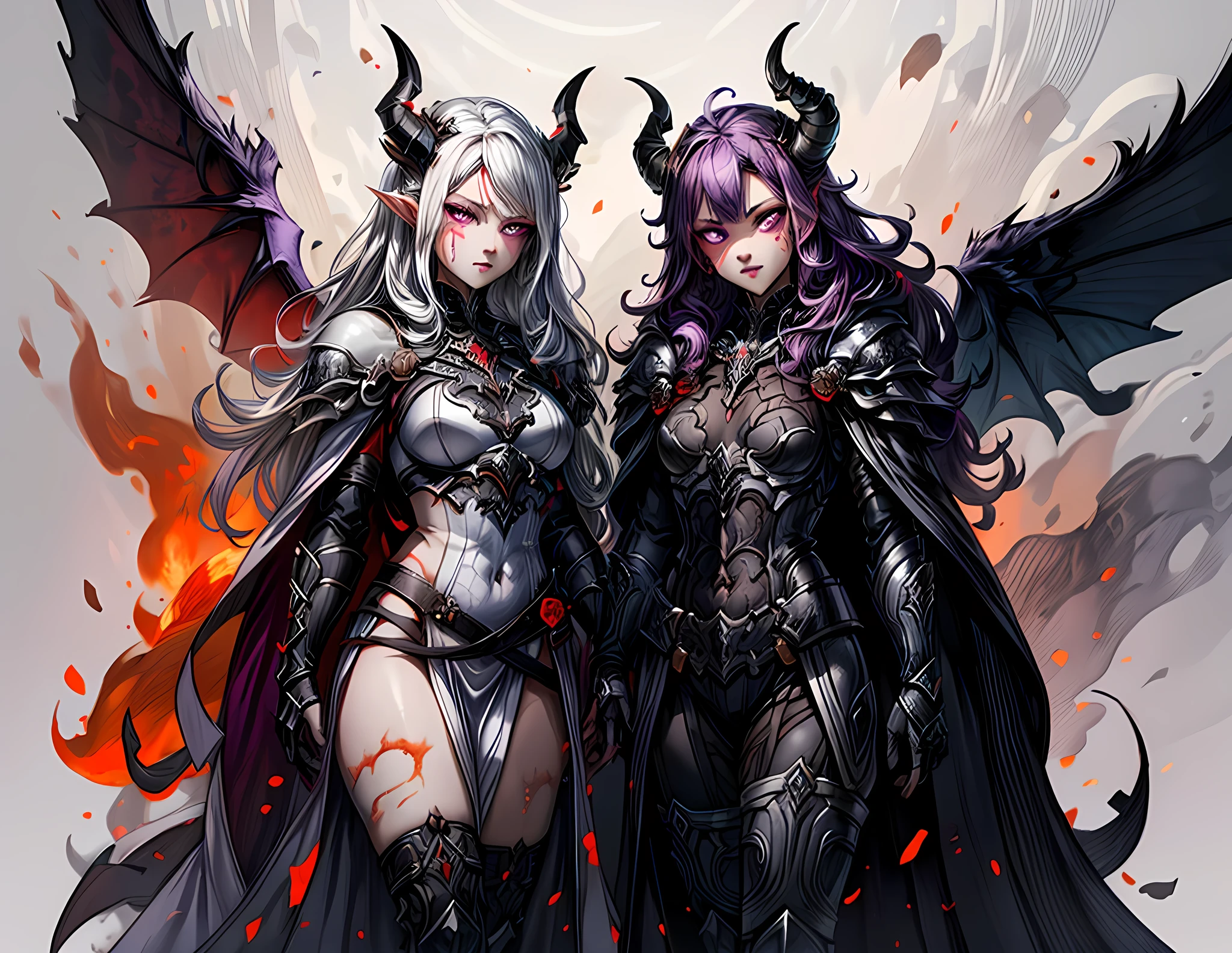 fantasy art, RPG art, masterpiece, a portrait picture o hellish female demon from hell, she has (black horns: 1.2), (black: 1.2) demon wings, (red: 1.3) skin, red lava dripping from her, she wears (white: 1.3) armor, (purple: 1.3) ArmoredDress, streams of rolling lava, hell in the background, 3d rendering, shadow wings