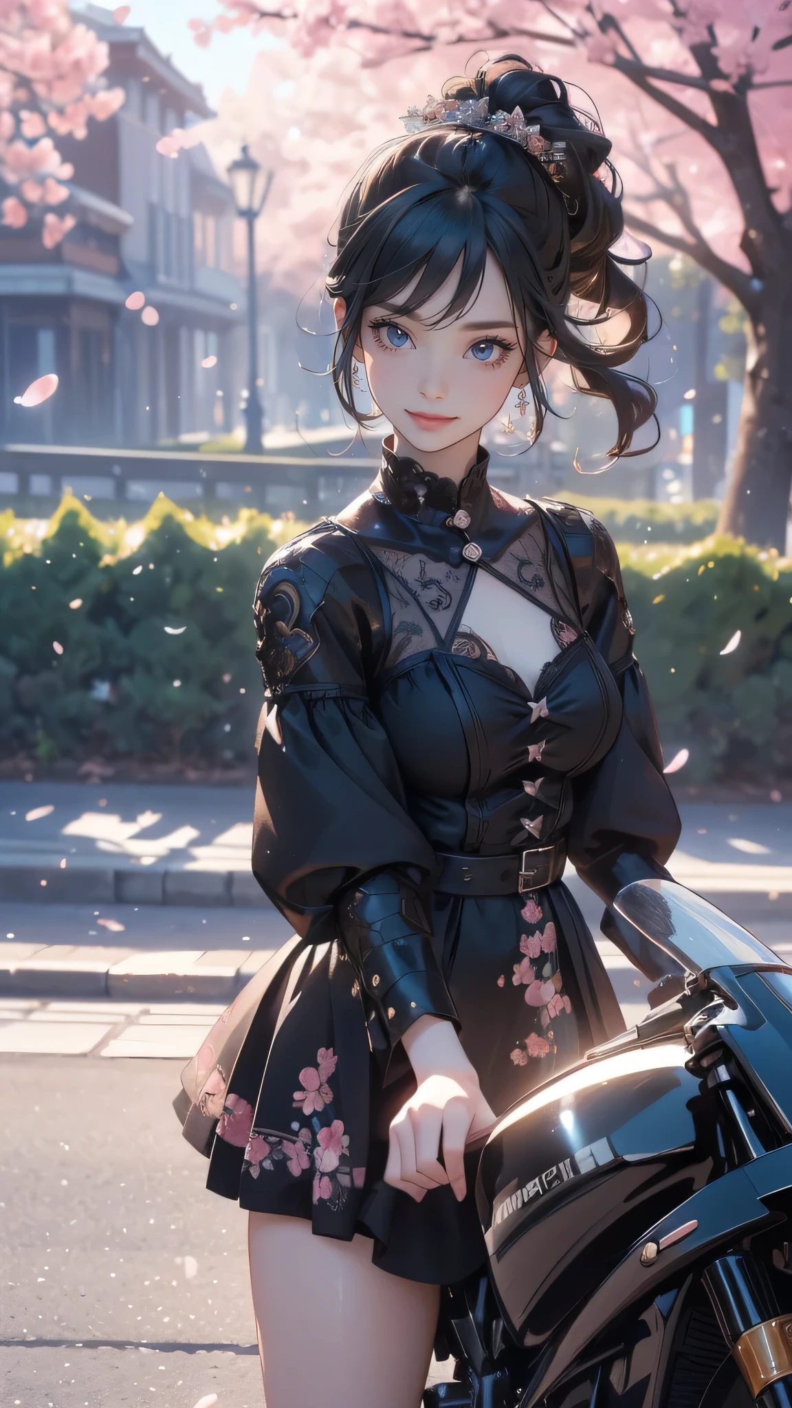 (girl riding a motorcycle:1.2),A park where cherry blossoms dance,gothic lolita dress,(random cute pose),(random hairstyle),(Highest image quality,(8K), Ultra-realistic, Best Quality, High quality, High Definition, high quality texture, high detailing, Beautiful detailed, fine detailed, extremely details CG, Detailed texture, realistic representation of face, masterpiece, presence)