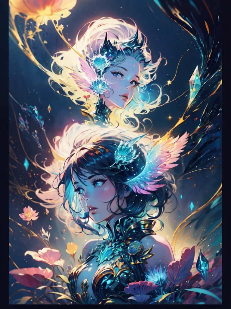A captivating anime girl gracefully, her vibrant and intricate colors breathing life into the artwork. She wears extraordinary fantasy costumes，Decorated with exquisite details, reflecting the enchanting world she inhabits. Luminescent elements, like glowing crystals and ethereal wisps, surround her, casting a soft, otherworldly glow. The watercolor style imbues the image with a sense of fluidity and delicacy, as if the colors are effortlessly blending and bleeding into one another. Camera shot: Medium Shot, Camera lens: softfocus, Lighting: luminescent glow, watercolor brushstrokes,
