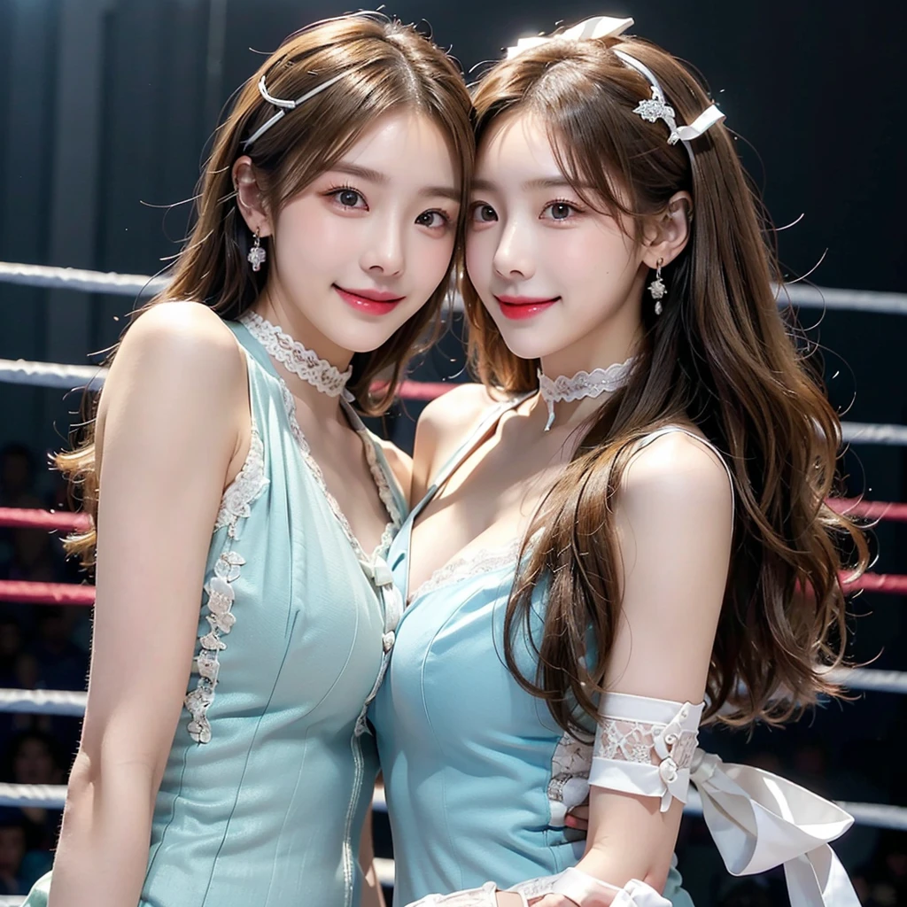 ((masterpiece: 1.4, best quality))+,(ultra detail)+, official art, unity 8k wallpaper, ultra detail, beautiful, high quality, Highlight your cute face, masterpiece, best quality, semi straight medium length hair, Bangs up to the eyebrows, (((Always in the pro wrestling ring))), (high school :1.5)), (((bust:1.5))), High exposure, skinny body,masterpiece, high quality, 8 thousand, beautiful spotlight, no. no. no. no. No. 1 girl group idol in Korea, ((vivid:1.5)), ((brown eyes, blonde hair:1.3)), (Small and round breasts:1.2), ((colorful earrings, white neck choker, white short lace gloves)), 18 years old, small face, looking at viewer, (hairpin with larger ribbon:1.4),(skinny abs:1.1), (They look at each other and look very happy :1.5), ((Both cheeks turn red)), Accurately distinguishes between the bodies and limbs of two people....:1.5