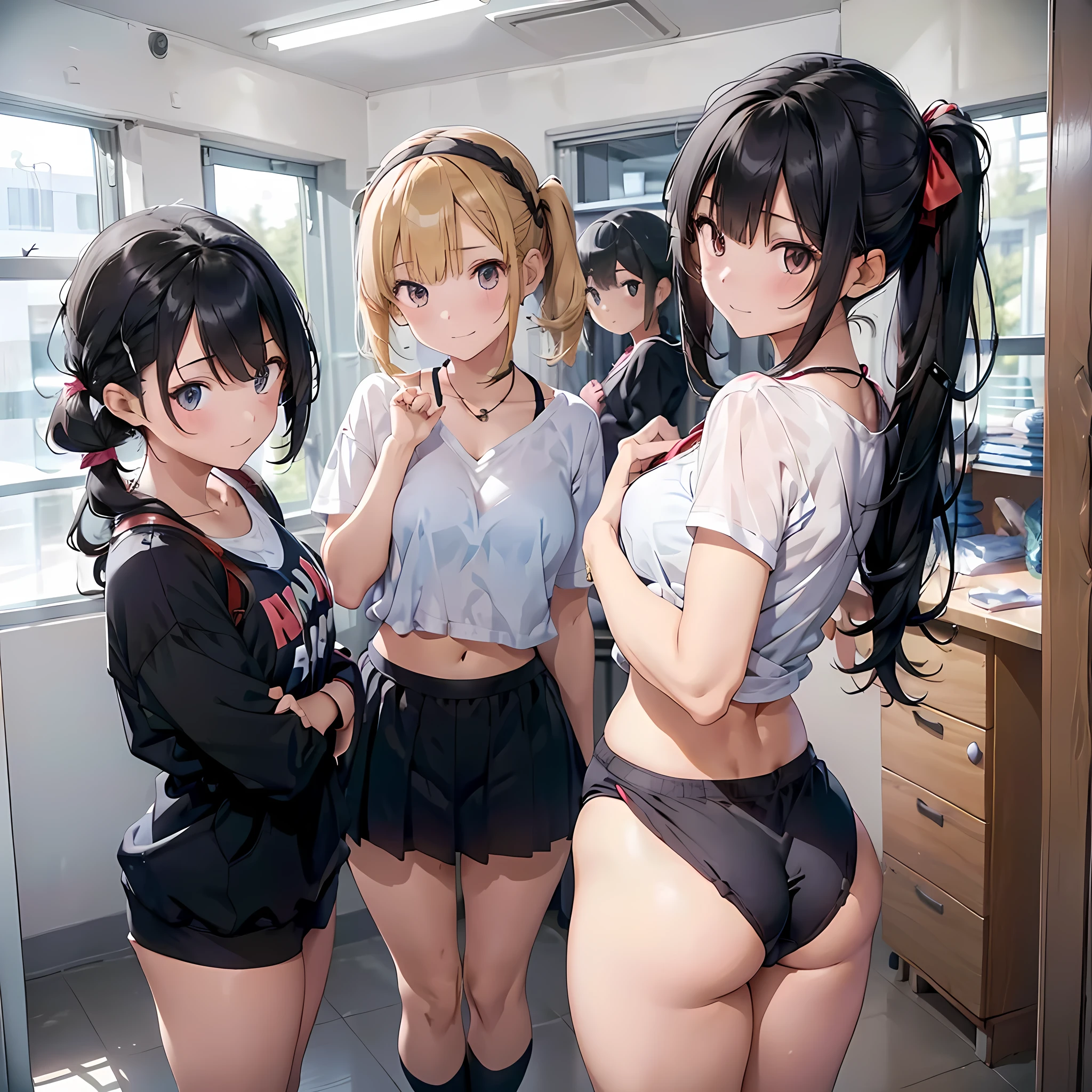 ((three girls are sticking out their big butt boldly)), (body shot), (School changing room), Laughing with your mouth open, slender, hair band, Headband, hair bobbles, brown hair, blond hair, navel, jewelry, looking at viewer, necklace, long hair, short hair, Abdominal muscles, (Thong:1.4), (big butt), straight hair, bob cut, blunt bangs, silky hair, jet black hair, hair clip, hair band, hair ribbon, one-length haircut, ducktail, outward curled hair, French twist hair, twintails, side ponytail, single braid, wavy hair, bangs pinned back,