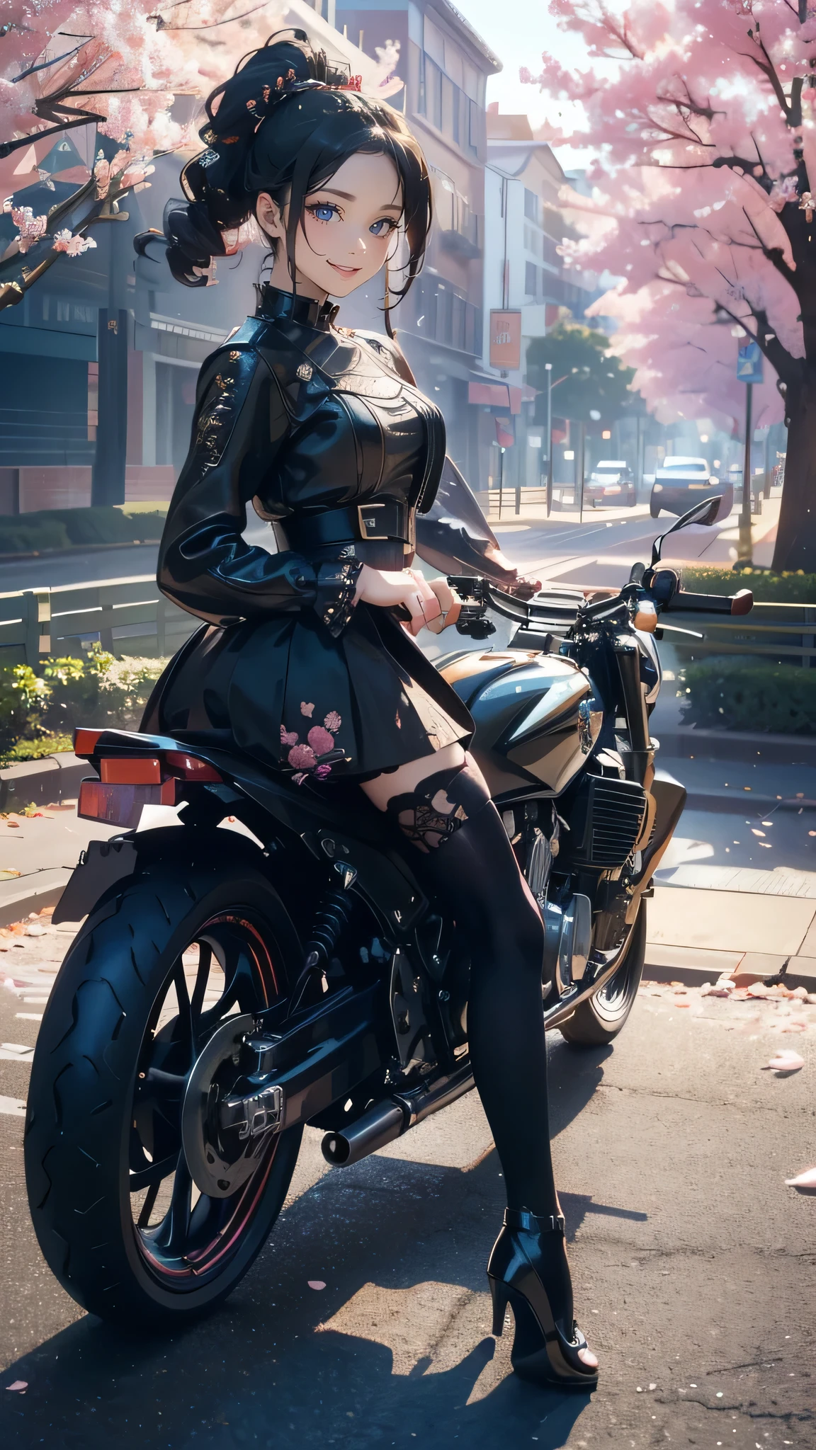 full body,(girl riding a motorcycle:1.2),A park where cherry blossoms dance,gothic ****ta dress,(random cute pose),(random hairstyle),(Highest image quality,(8K), Ultra-realistic, Best Quality, High quality, High Definition, high quality texture, high detailing, Beautiful detailed, fine detailed, extremely details CG, Detailed texture, realistic representation of face, masterpiece, presence)