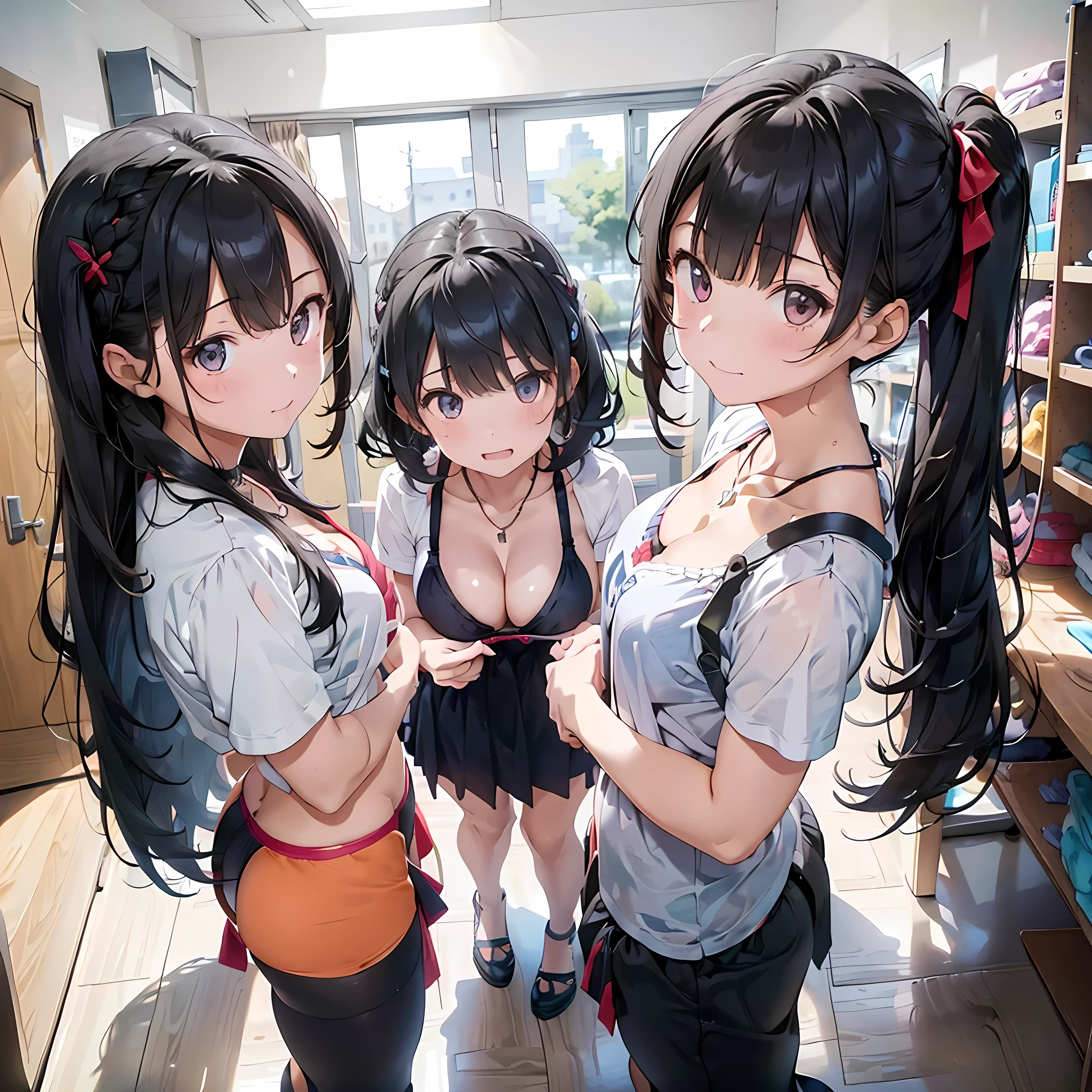 ((three girls are sticking out their big butt boldly)),  (body shot), (School changing room), Laughing with your mouth open, slender, hair band, Headband, hair bobbles, brown hair, blond hair, navel, jewelry, looking at viewer, necklace, long hair, short hair, Abdominal muscles, (Thong:1.4), (big butt), straight hair, bob cut, blunt bangs, silky hair, jet black hair, hair clip, hair band, hair ribbon, one-length haircut, ducktail, outward curled hair, French twist hair, twintails, side ponytail, single braid, wavy hair, bangs pinned back,