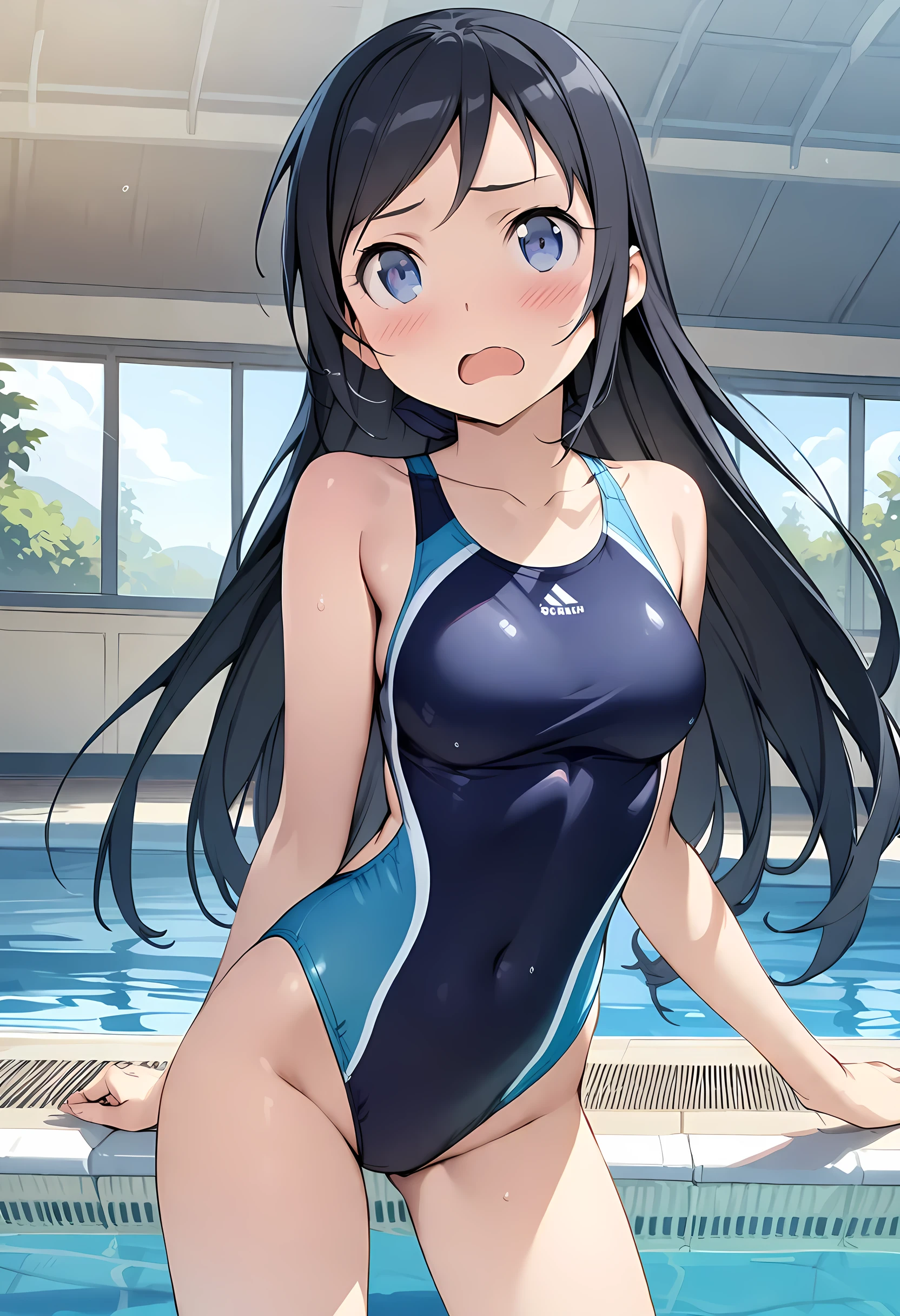 (masterpiece),(best quality),(ultra-detailed),(best illustration),(best shadow),(absurdres),(detailed background),(very aesthetic), ayase aragaki, 1girl, solo, long hair, black hair, open mouth, blue eyes, blush, embarrassed, (competition swimsuit:1.2), ((cowboy shot)), poolside,