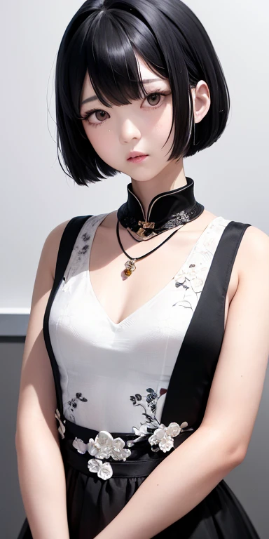 Top quality masterpiece illustrations、Black hair and black eyes、Wearing a necklace、Girl in white floral cheongsam looking up、Beautiful face with hair on the side short hair at the angle of the lower body is fair.。