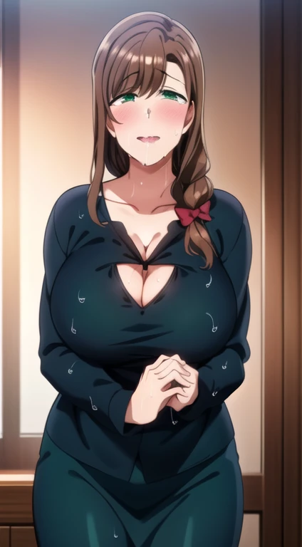 masterpiece, masterpiece, 1 Girl, Hands together, Long hair,  Brown hair, Black shirt, Long sleeve, Loose shirt, Hair accessories, Green Eyes, clavicle, Weaving, Blue pants,  single Weaving, hair tie, Shoulder-length hair, hair hair tie, Mature female, Wide hips,,Squint your eyes, Smile, Large Breasts. (((Cleavage)))8k, Super detailed, fair and aesthetic, high quality, fair, masterpiece, best quality, permanent, lean forward, Glowing skin, Sticking out tongue of mouth, blush, Sexy body, Definition, Perfect eyes, Sticking out tongue, blush, Strabismus,（with tears in eyes, Saliva residue）, The hem of the skirt is wet, Brushed, photography, 8k, HDR, high resolution, absurd:1.2, Kodak Portrait 400, Film Grain, Blurred background, Bokeh:1.2, lens flare, (Energetic_color:1.2),专业photography师
