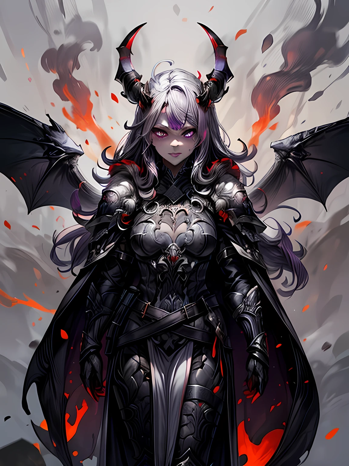 fantasy art, RPG art, masterpiece, a portrait picture o hellish female demon from hell, she has (black horns: 1.2), (black: 1.2) demon wings, (red: 1.3) skin, red lava dripping from her, she wears (white: 1.3) armor, (purple: 1.3) ArmoredDress, streams of rolling lava, hell in the background, 3d rendering, shadow wings