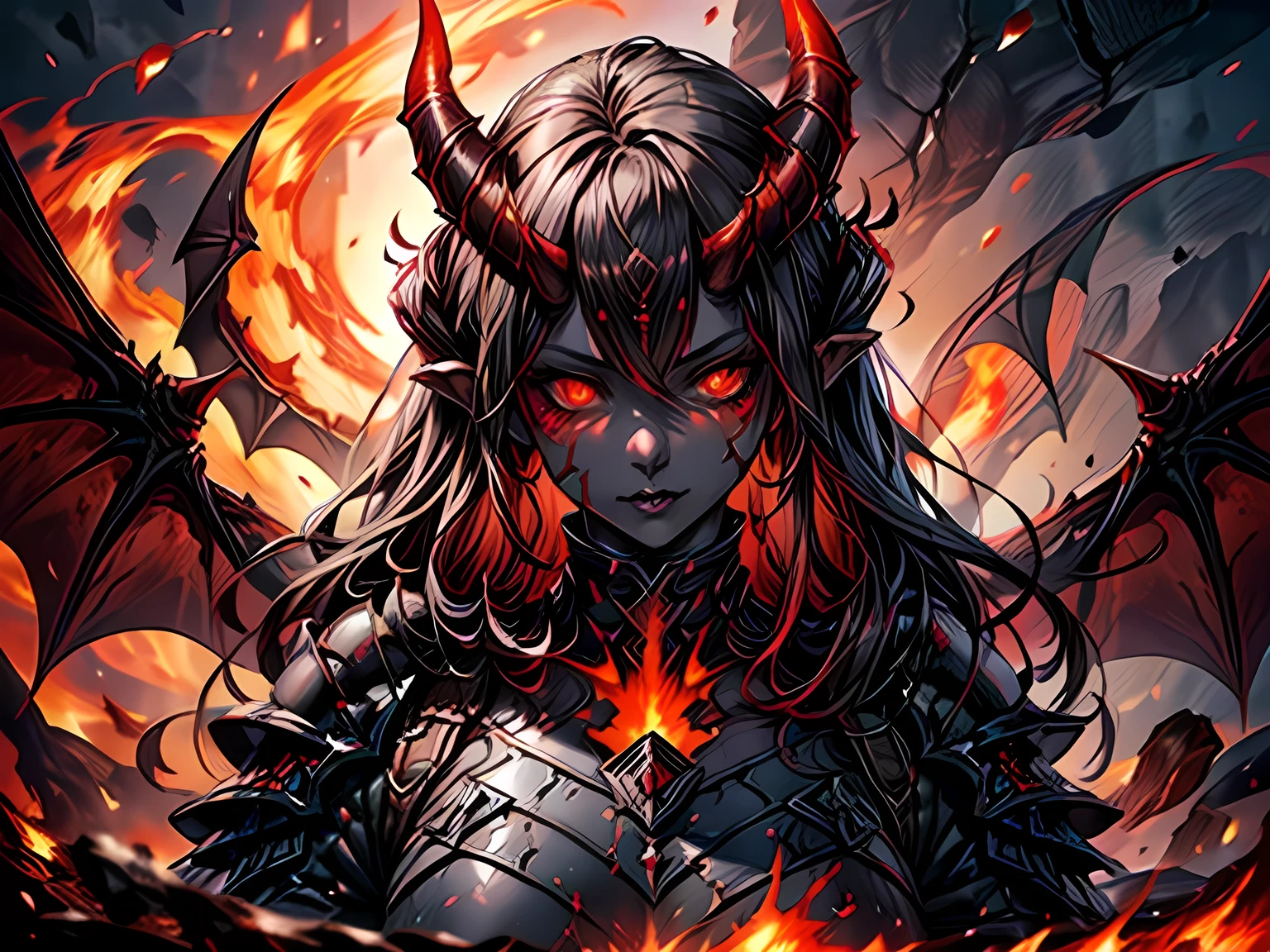 fantasy art, RPG art, masterpiece, a portrait picture o hellish female demon from hell, she has (black horns: 1.2), (black: 1.2) demon wings, (red: 1.3) skin, red lava dripping from her, she wears (white: 1.3) armor, hdsrmr, streams of rolling lava, hell in the background, 3d rendering