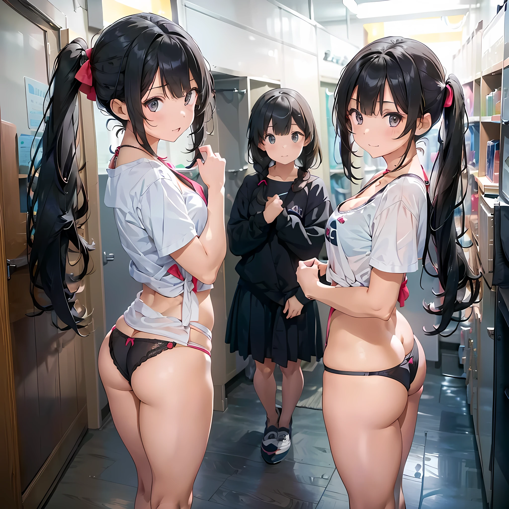 ((three girls are sticking out their big butt boldly)), (body shot), (School changing room), Laughing with your mouth open, slender, hair band, Headband, hair bobbles, brown hair, blond hair, navel, jewelry, looking at viewer, necklace, long hair, short hair, Abdominal muscles, (Thong:1.4), (big butt), straight hair, bob cut, blunt bangs, silky hair, jet black hair, hair clip, hair band, hair ribbon, one-length haircut, ducktail, outward curled hair, French twist hair, twintails, side ponytail, single braid, wavy hair, bangs pinned back,