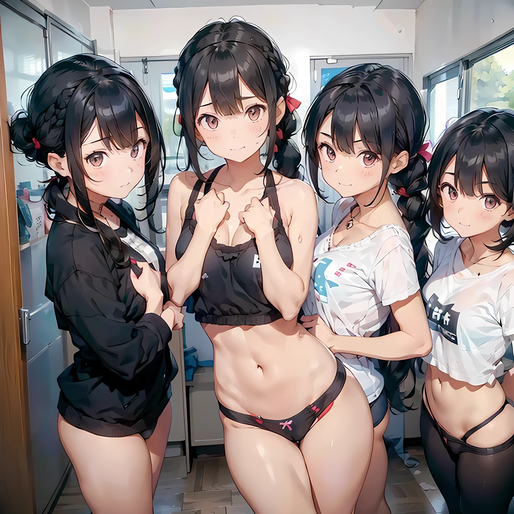 ((three girls are sticking out their big butt boldly)),  (body shot), (School changing room), Laughing with your mouth open, slender, hair band, Headband, hair bobbles, brown hair, blond hair, navel, jewelry, looking at viewer, necklace, long hair, short hair, Abdominal muscles, (Thong:1.4), (big butt), straight hair, bob cut, blunt bangs, silky hair, jet black hair, hair clip, hair band, hair ribbon, one-length haircut, ducktail, outward curled hair, French twist hair, twintails, side ponytail, single braid, wavy hair, bangs pinned back,