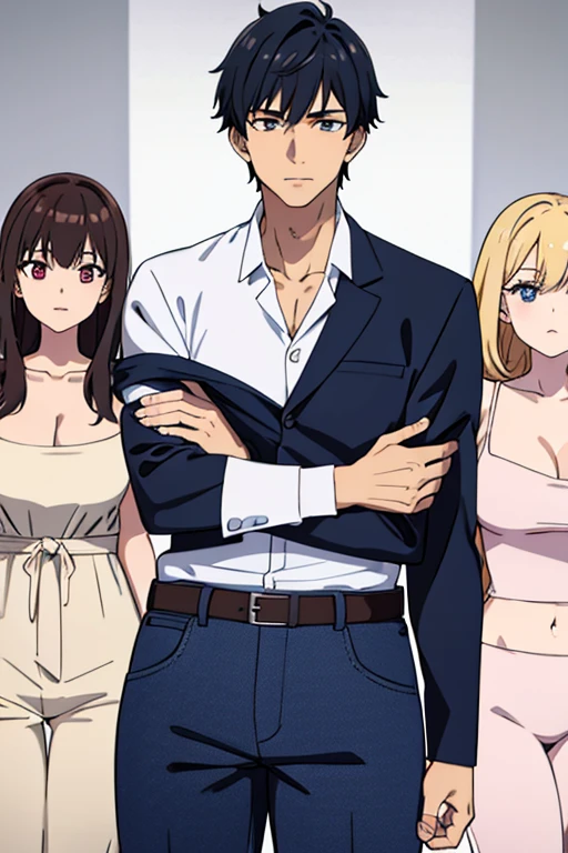 (cute couple), (detailed), perfect face, tan skin anime woman in a deep V-neck tied top, (bare shoulders), (jeans), (resting hands on the stomach), (slim woman), (smooth and shiny skin), (best quality), (masterpiece), ((a white skin handsome formal boy is hugging her)), ((the boy is wearing formal shirt and trousers))