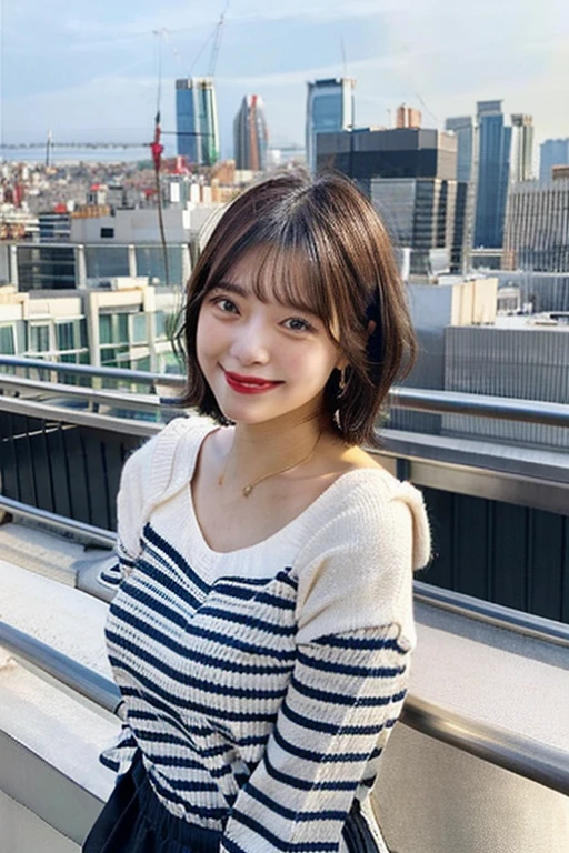 Cute Woman, Leaning on the railing of a rooftop overlooking the city. Short hair，The eyes are large, Slightly droopy eyes, Striped shirt outfit, Small breasts, Close-up angle of a smiling face