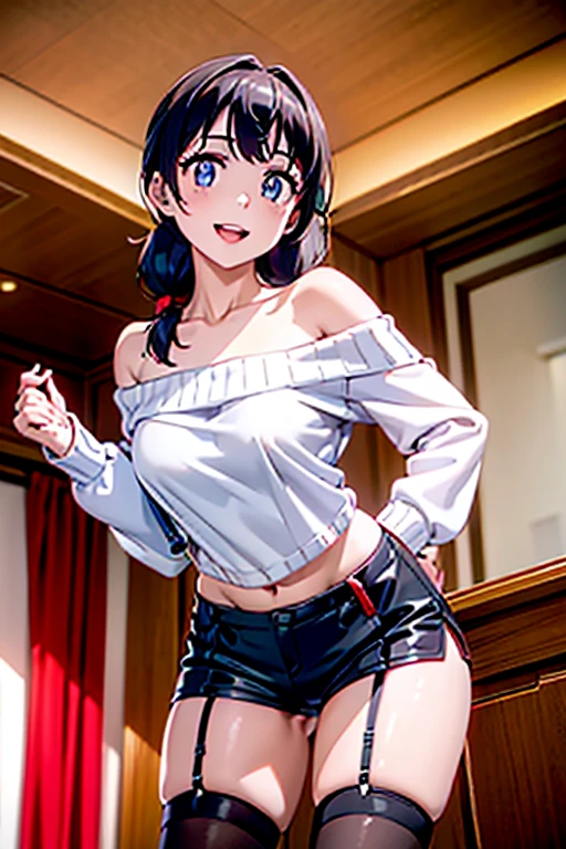 (dynamic angle:1.3, front view:1.1, breast focus:1.3, from below:1.2), (dynamic posing:1.5, sexy posing:1.2, leaning forward), (seductive smiling:1.3), ((looking at viewer, holding a cake)),highest quality、(real、photorealistic:1.4),(ultra high resolution, 8K RAW photo, clear focus), best qualtiy, natural lighting, field depth, (Bright pupils, detailed beautiful eyes, high detailed face), Red lip, (tight focus:1.2, from below), sexy posing, a girl 22yo old, teacher, wearing a , bootyshorts, Thicc, thin breast, long hair, blue eyes,off-shoulder dress, sweater dress, off-shoulder sweater, red sweater,garter stocking, cleavage:1.1, midriff, black shorts, black thighhighs, thigh strap, pretty girl, (highly detailed beautiful face and eyes,firm breasts),real skin,((black,hair,long pony tail hair)),thin pubic hair,cute,lovely, detailed eyes, This masterpiece is only visually stunning but also tells,(double breasted:1.0,under bust:1.0),(with sparkling eyes and a contagious smile),open mouth, Looking at Viewer,