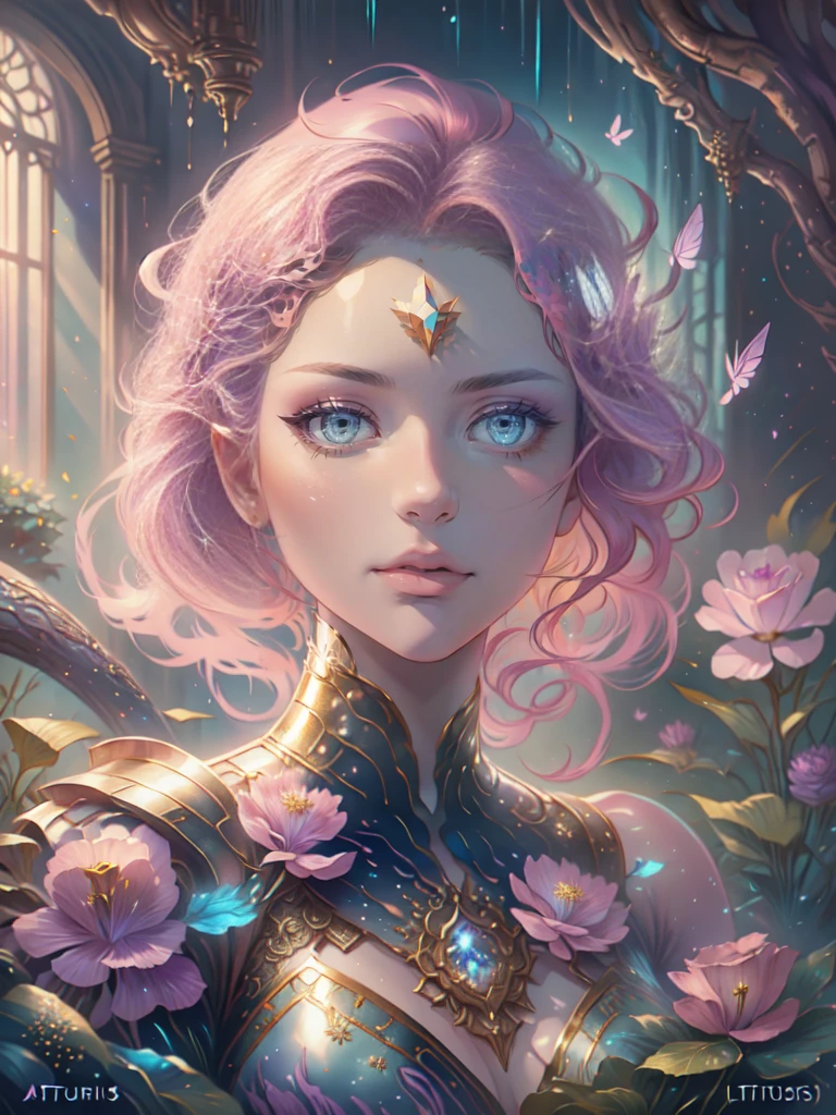 This artwork is dreamy，With a style of mythological fantasy, Soft watercolor tones，Shades of pink, Blue, and purple. Generate gorgeous characters from Greek mythology and realistic skin and hair textures. Her strength, Proud face with realistic shadowed eyes and puffy lips, And a big mouth. Her softness, Realistic hair dancing in the breeze，Surrounded by flowers and delicate butterflies. Includes highly detailed fantasy style，Includes beautiful watercolor sky. Includes 8K eyes, hires eyes, Beautiful detail eyes, Beautiful detailed eyes, and realistic eyes. Including fantasy details, Enhanced detail, rainbowing, and colorful glitter. Pay special attention to her face，Make sure it's beautiful and realistic details. 8K, Intricate, elegant, Highly detailed, Majestic, Digital photography, Art by Artgerm and Ruan Jia and Greg Rutkowski, (((Masterpiece, fine detailed beautiful eyes: 1.2))), hdr, ((Realistic skin texture)), llight rays, ornate flowers, dewdrops, Sunlight, Hazy sunlight, estilo FlowerGateway, Castle, Palace, Archway, Flowers, Growing