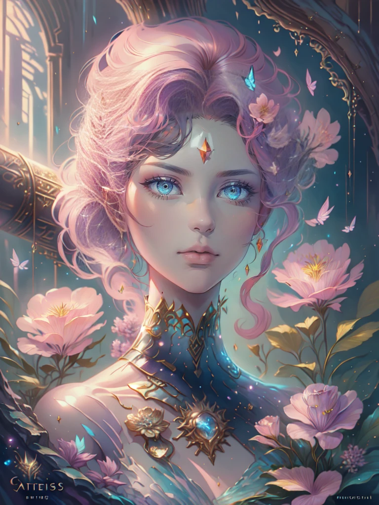 This artwork is dreamy,With a style of mythological fantasy, Soft watercolor tones,Shades of pink, Blue, and purple. Generate gorgeous characters from Greek mythology and realistic skin and hair textures. Her strength, Proud face with realistic shadowed eyes and puffy lips, And a big mouth. Her softness, Realistic hair dancing in the breeze,Surrounded by flowers and delicate butterflies. Includes highly detailed fantasy style,Includes beautiful watercolor sky. Includes 8K eyes, hires eyes, Beautiful detail eyes, Beautiful detailed eyes, and realistic eyes. Including fantasy details, Enhanced detail, rainbowing, and colorful glitter. Pay special attention to her face,Make sure it's beautiful and realistic details. 8K, Intricate, elegant, Highly detailed, Majestic, Digital photography, Art by Artgerm and Ruan Jia and Greg Rutkowski, (((Masterpiece, fine detailed beautiful eyes: 1.2))), hdr, ((Realistic skin texture)), llight rays, ornate flowers, dewdrops, Sunlight, Hazy sunlight, estilo FlowerGateway, Castle, Palace, Archway, Flowers, Growing