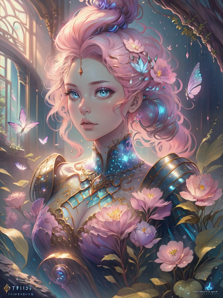 This artwork is dreamy,With a style of mythological fantasy, Soft watercolor tones,Shades of pink, Blue, and purple. Generate gorgeous characters from Greek mythology and realistic skin and hair textures. Her strength, Proud face with realistic shadowed eyes and puffy lips, And a big mouth. Her softness, Realistic hair dancing in the breeze,Surrounded by flowers and delicate butterflies. Includes highly detailed fantasy style,Includes beautiful watercolor sky. Includes 8K eyes, hires eyes, Beautiful detail eyes, Beautiful detailed eyes, and realistic eyes. Including fantasy details, Enhanced detail, rainbowing, and colorful glitter. Pay special attention to her face,Make sure it's beautiful and realistic details. 8K, Intricate, elegant, Highly detailed, Majestic, Digital photography, Art by Artgerm and Ruan Jia and Greg Rutkowski, (((Masterpiece, fine detailed beautiful eyes: 1.2))), hdr, ((Realistic skin texture)), llight rays, ornate flowers, dewdrops, Sunlight, Hazy sunlight, estilo FlowerGateway, Castle, Palace, Archway, Flowers, Growing