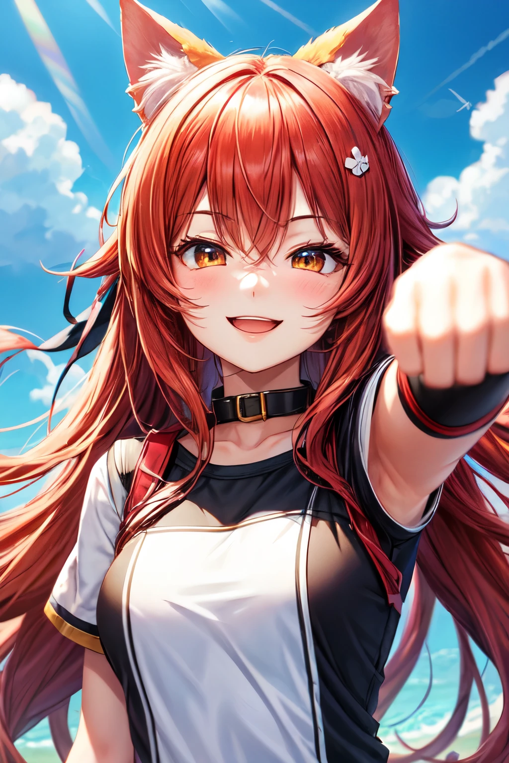 bright red、Long hair girl, smiling, cute, cat ears, , upper body, VTuber, quiet, droopy eyes, fist pump