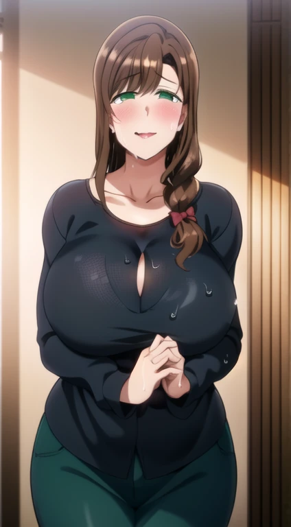 masterpiece, masterpiece, 1 Girl, Hands together, Long hair,  Brown hair, Black shirt, Long sleeve, Loose shirt, Hair accessories, Green Eyes, clavicle, Weaving, Blue pants,  single Weaving, hair tie, Shoulder-length hair, hair hair tie, Mature female, Wide hips,,Squint your eyes, Smile, Large Breasts. (((Cleavage)))8k, Super detailed, fair and aesthetic, high quality, fair, masterpiece, best quality, permanent, lean forward, Glowing skin, Sticking out tongue of mouth, blush, Sexy body, Definition, Perfect eyes, Sticking out tongue, blush, Strabismus,（with tears in eyes, Saliva residue）, The hem of the skirt is wet, Brushed, photography, 8k, HDR, high resolution, absurd:1.2, Kodak Portrait 400, Film Grain, Blurred background, Bokeh:1.2, lens flare, (Energetic_color:1.2),专业photography师
