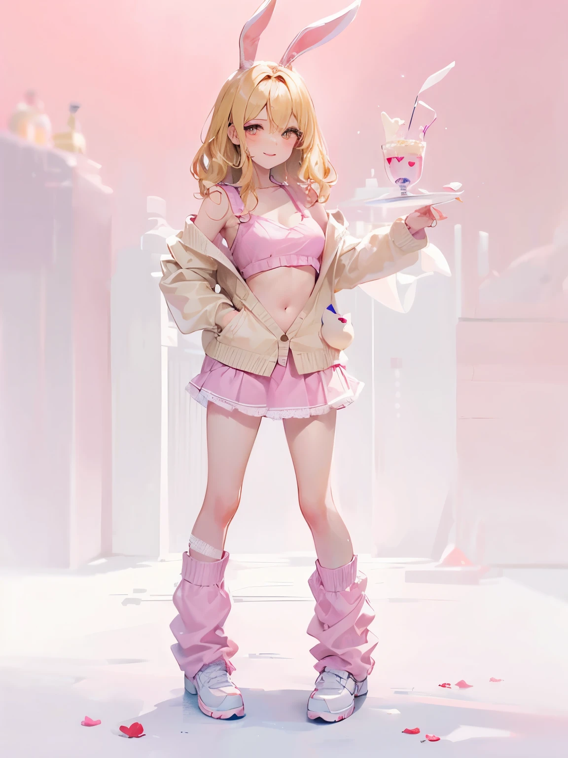 Dynamic posing, Arrange pose,Top quality work,,((short wavy Creamy Golden Blonde hair)),(Creamy Blonde hair),(short hair),(wavy hair),(golden eyes), lovely red lips, Rose cheeks, Pretty Face, A perfectly proportioned face, (casual clothes), wearing pink top and mini skirt,cardigan with bunny ears, full-body view, amazing, Large round chest、Beautiful eye details、Beautiful eyelashes、beautiful double eyelid, with blush cheeks, smilling