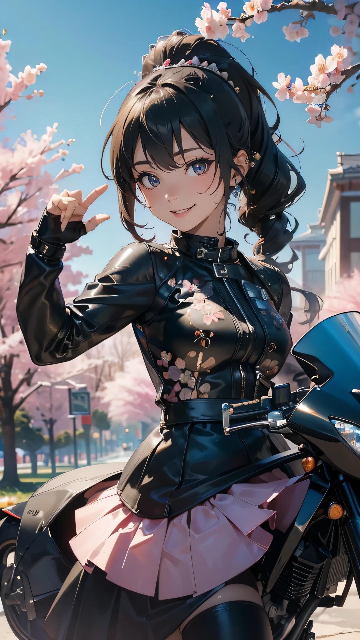 full body,(girl riding a motorcycle:1.2),A park where cherry blossoms dance,gothic ta dress,(random cute pose),(random hairstyle),(Highest image quality,(8K), Ultra-realistic, Best Quality, High quality, High Definition, high quality texture, high detailing, Beautiful detailed, fine detailed, extremely details CG, Detailed texture, realistic representation of face, masterpiece, presence)