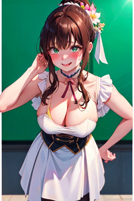 zheng style, Green Eyes, blush, Ponytail, flower, Long hair, Ahog, Solitary, Pantyhose, White background, skirt, Brown hair, pencil skirt, teacher, 1 Girl,,Put your hands behind your back,Squint your eyes, Smile, Large Breasts. ((Cleavage))8k, Super detailed, fair and aesthetic, high quality, fair, masterpiece, best quality, permanent, lean forward, Glowing skin, Sticking out tongue of mouth, blush, Sexy body, Definition, Perfect eyes, Sticking out tongue, blush, Strabismus,(with tears in eyes, Saliva residue), skirt下摆湿了, Brushed, photography, 8k, HDR, high resolution, absurd:1.2, Kodak Portrait 400, Film Grain, Blurred background, Bokeh:1.2, lens flare, (Energetic_color:1.2),专业photography师
