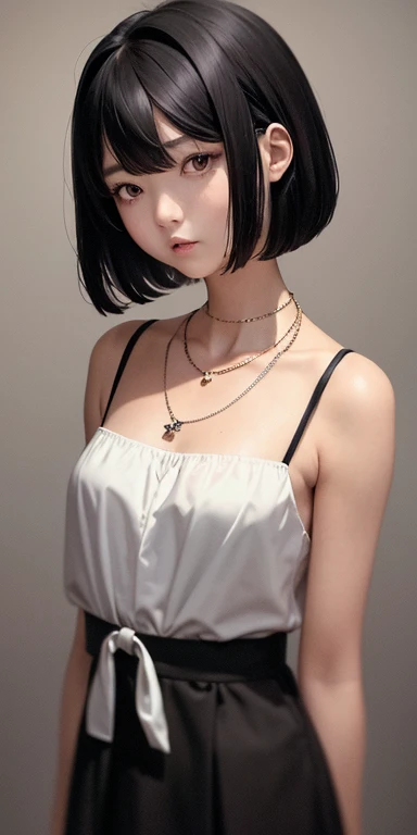 Top quality masterpiece illustrations、Black hair and black eyes、Wearing multiple necklaces、Girl in white dress looking up、Beautiful face with hair on the side short hair at the angle of the lower body is fair.。