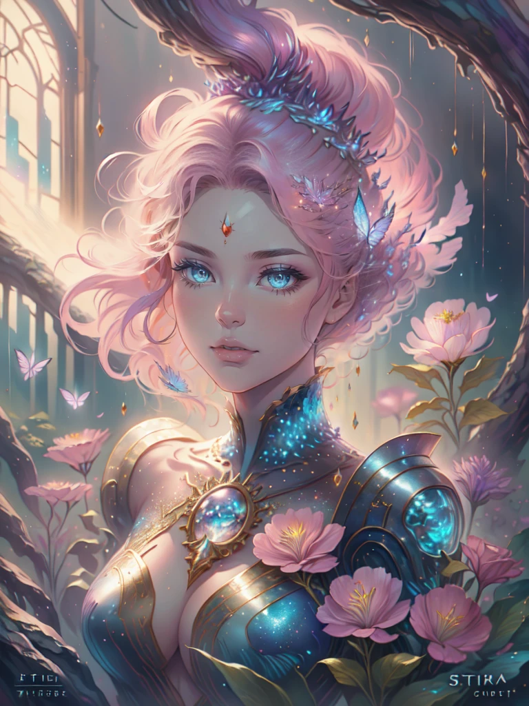 This artwork is dreamy,With a style of mythological fantasy, Soft watercolor tones,Shades of pink, Blue, and purple. Generate gorgeous characters from Greek mythology and realistic skin and hair textures. Her strength, Proud face with realistic shadowed eyes and puffy lips, And a big mouth. Her softness, Realistic hair dancing in the breeze,Surrounded by flowers and delicate butterflies. Includes highly detailed fantasy style,Includes beautiful watercolor sky. Includes 8K eyes, hires eyes, Beautiful detail eyes, Beautiful detailed eyes, and realistic eyes. Including fantasy details, Enhanced detail, rainbowing, and colorful glitter. Pay special attention to her face,Make sure it's beautiful and realistic details. 8K, Intricate, elegant, Highly detailed, Majestic, Digital photography, Art by Artgerm and Ruan Jia and Greg Rutkowski, (((Masterpiece, fine detailed beautiful eyes: 1.2))), hdr, ((Realistic skin texture)), llight rays, ornate flowers, dewdrops, Sunlight, Hazy sunlight, estilo FlowerGateway, Castle, Palace, Archway, Flowers, Growing