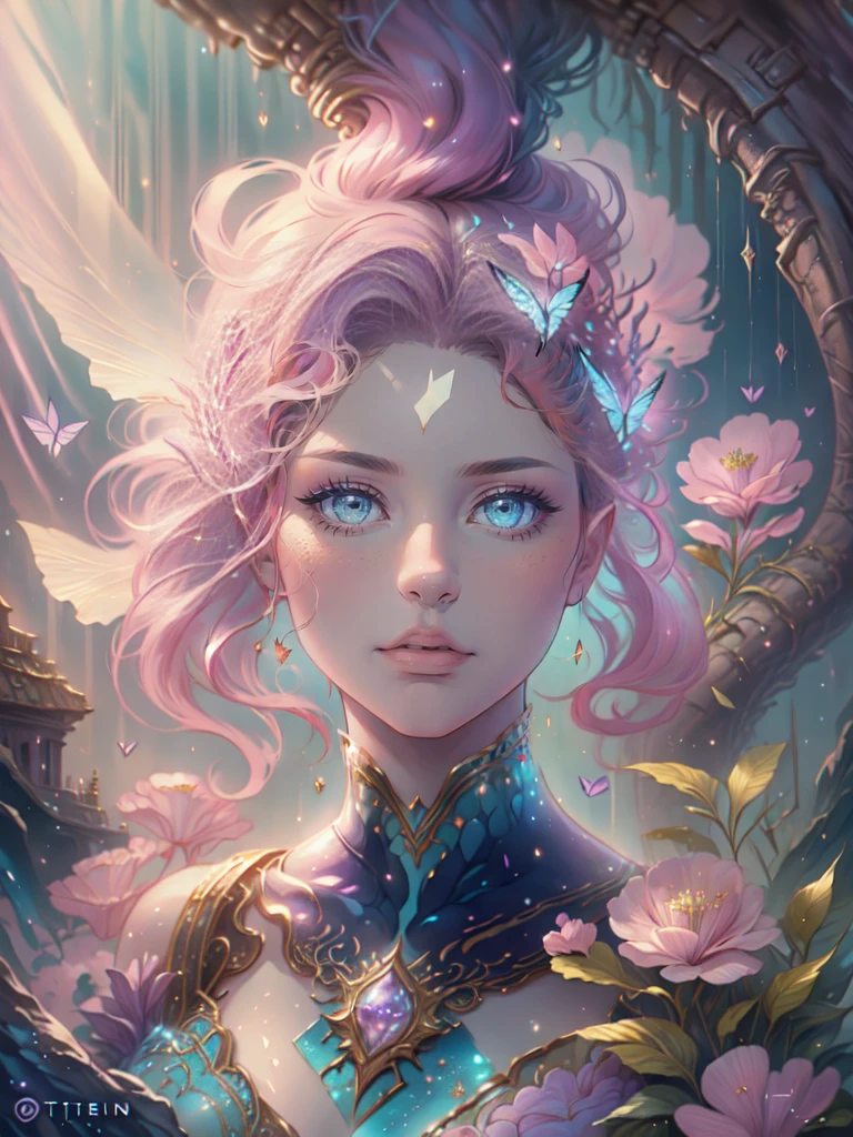 This artwork is dreamy,With a style of mythological fantasy, Soft watercolor tones,Shades of pink, Blue, and purple. Generate gorgeous characters from Greek mythology and realistic skin and hair textures. Her strength, Proud face with realistic shadowed eyes and puffy lips, And a big mouth. Her softness, Realistic hair dancing in the breeze,Surrounded by flowers and delicate butterflies. Includes highly detailed fantasy style,Includes beautiful watercolor sky. Includes 8K eyes, hires eyes, Beautiful detail eyes, Beautiful detailed eyes, and realistic eyes. Including fantasy details, Enhanced detail, rainbowing, and colorful glitter. Pay special attention to her face,Make sure it's beautiful and realistic details. 8K, Intricate, elegant, Highly detailed, Majestic, Digital photography, Art by Artgerm and Ruan Jia and Greg Rutkowski, (((Masterpiece, fine detailed beautiful eyes: 1.2))), hdr, ((Realistic skin texture)), llight rays, ornate flowers, dewdrops, Sunlight, Hazy sunlight, estilo FlowerGateway, Castle, Palace, Archway, Flowers, Growing