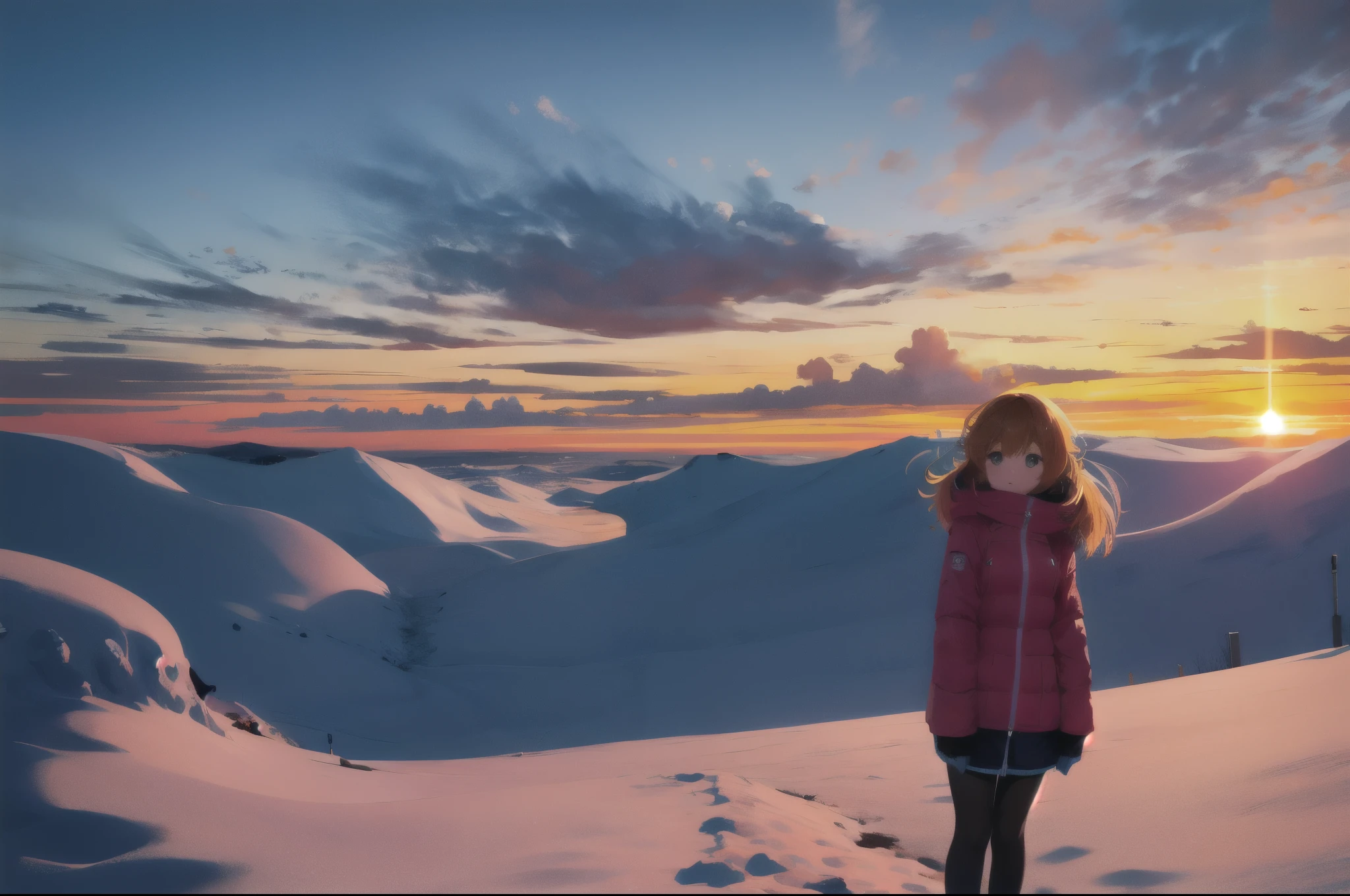 absurdres, highres, best quality, 1girl, snow,comfy, scenery, sunset, clouds, wind,