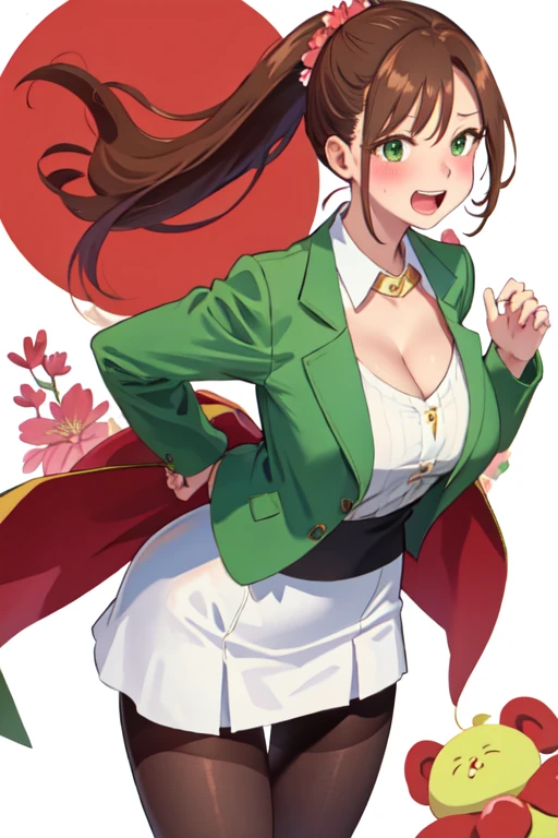 zheng style, Green Eyes, blush, Ponytail, flower, Long hair, Large Breasts,((Cleavage)) Ahog, Solitary, Pantyhose, White background, skirt, Brown hair, pencil skirt, teacher, 1 Girl, open mouth, Smile,Put your hands behind your back