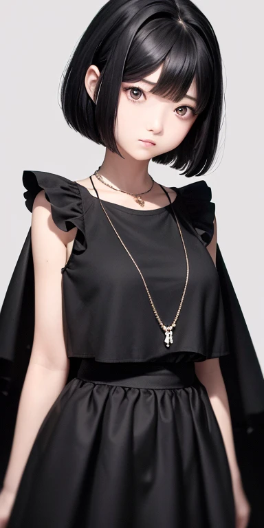 Top quality masterpiece illustrations、Black hair and black eyes、Wearing multiple necklaces、Girl in white dress looking up、Beautiful face with hair on the side short hair at the angle of the lower body is fair.。