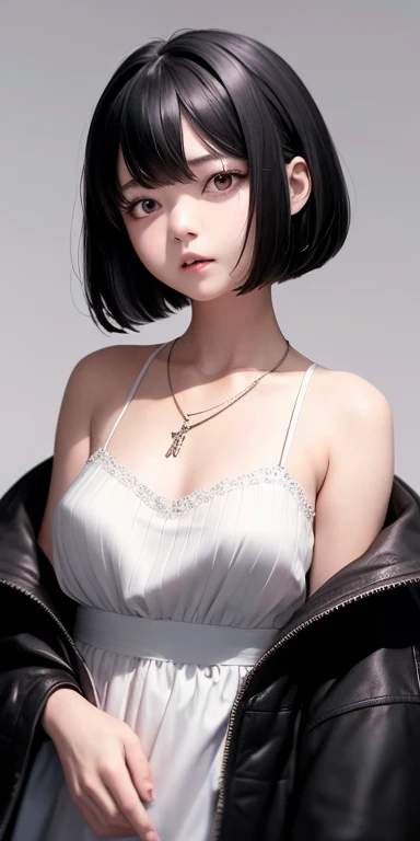 Top quality masterpiece illustrations、Black hair and black eyes、Wearing multiple necklaces、Girl in white dress looking up、Beautiful face with hair on the side short hair at the angle of the lower body is fair.。