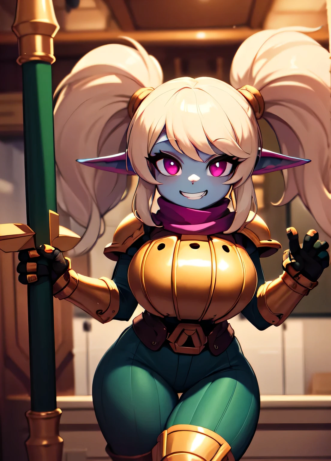 ((best quality)), ((highly detailed)), absurdres, extremely detailed face, beautiful face, (detailed eyes, deep eyes), (1woman), dynamic pose, cowboy shot, (poppy:1.1), yordle, blonde hair, twintails, magenta eyes, short, curvy, wide hips, ((colored skin, light blue skin)), large breasts, grin, armor, green pants:.3, scarf, (holding colossal hammer), (inside, in a tavern)