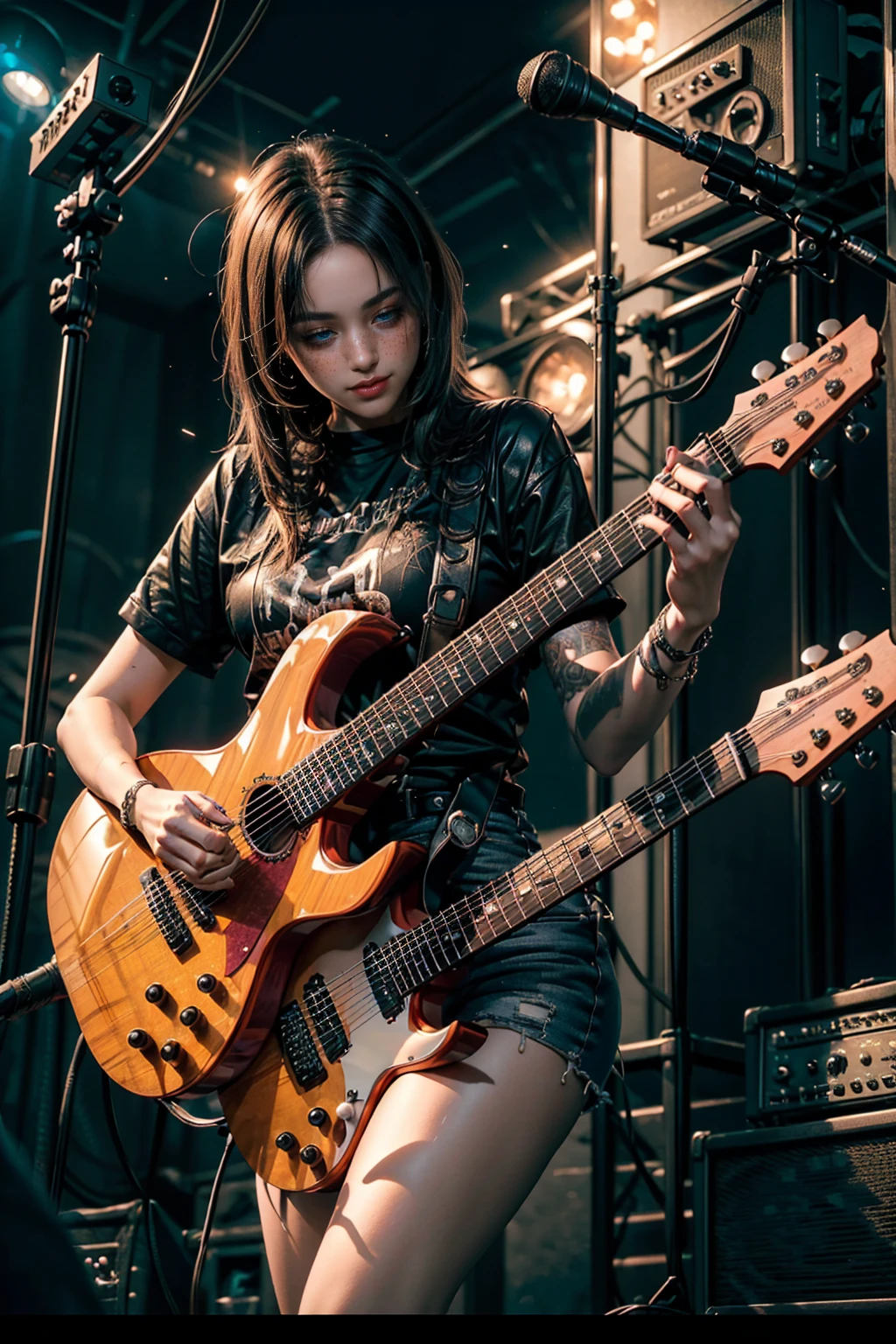 ((mundo paralelo:1.1)), (1 chica:1.4), ((guitar:1)),(una hermosa mujer parada en lo alto de un edificio, tocando la guitarra con pasion rockstar, pecas, kinematics, desgarrando en cgsociety, banda tocando, publico a sus pies, la mujer toca la guitarra con extremo talento, El metaverso, protagonista, mirando a la camara, sonriendo, escenario nocturno, transmission, concert backdrop), romanticismo, atmospheric, pasional (foto cruda, mejor calidad), (realista, photo-realista:1.3), Obra maestra, un extremadamente delicado y hermoso, extremadamente detallado, ((parte superior del cuerpo:1)), Best quality score, Extremely detailed , dynamic angle, raytraced, middle body, close up, high view, fire particles and hard lights, angulo picado. 5 dedos en cada mano