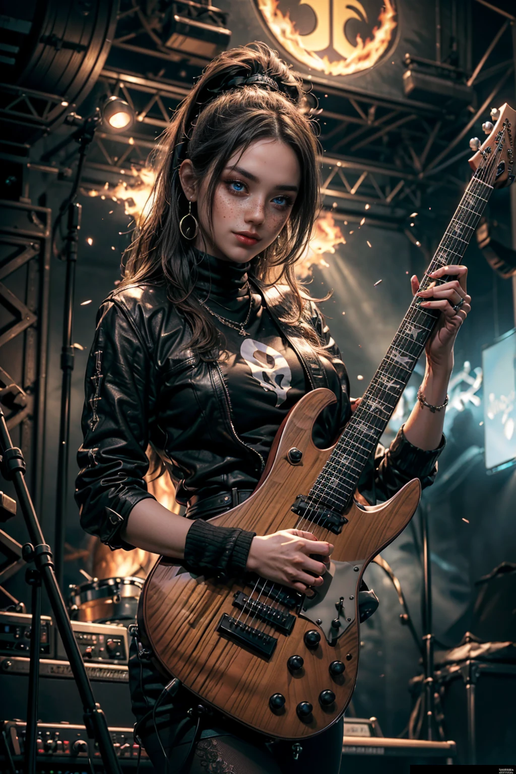((mundo paralelo:1.1)), (1 chica:1.4), ((guitar:1)),(una hermosa mujer parada en lo alto de un edificio, tocando la guitarra con pasion rockstar, pecas, kinematics, desgarrando en cgsociety, banda tocando, publico a sus pies, la mujer toca la guitarra con extremo talento, El metaverso, protagonista, mirando a la camara, sonriendo, escenario nocturno, transmission, concert backdrop), romanticismo, atmospheric, pasional (foto cruda, mejor calidad), (realista, photo-realista:1.3), Obra maestra, un extremadamente delicado y hermoso, extremadamente detallado, ((parte superior del cuerpo:1)), Best quality score, Extremely detailed , dynamic angle, raytraced, middle body, close up, high view, fire particles and hard lights, angulo picado. 5 dedos en cada mano