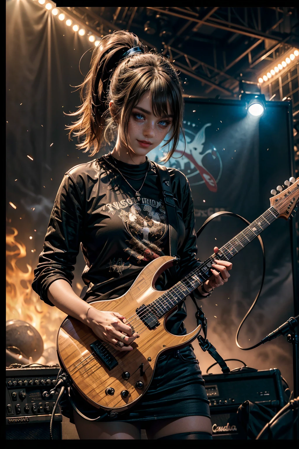 ((mundo paralelo:1.1)), (1 chica:1.4), ((guitar:1)),(una hermosa mujer parada en lo alto de un edificio, tocando la guitarra con pasion rockstar, pecas, kinematics, desgarrando en cgsociety, banda tocando, publico a sus pies, la mujer toca la guitarra con extremo talento, El metaverso, protagonista, mirando a la camara, sonriendo, escenario nocturno, transmission, concert backdrop), romanticismo, atmospheric, pasional (foto cruda, mejor calidad), (realista, photo-realista:1.3), Obra maestra, un extremadamente delicado y hermoso, extremadamente detallado, ((parte superior del cuerpo:1)), Best quality score, Extremely detailed , dynamic angle, raytraced, middle body, close up, high view, fire particles and hard lights, angulo picado. 5 dedos en cada mano