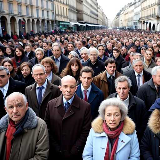 group of French people gathered. focus on the character's face