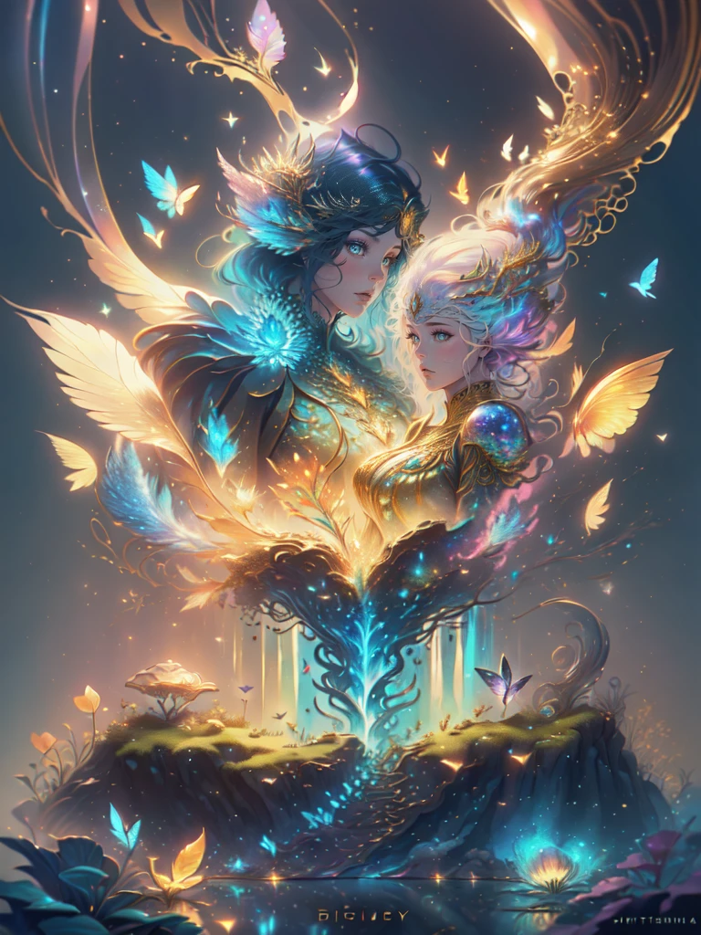 (((masterpiece))), (((ornate))), (((best quality))), ((ultra-detailed)), (highly detailed CG illustration), ((an extremely delicate and beautiful)), cinematic light. Create a stunning fantasy artwork that mimics the style of currently trending masters of the genre. The art piece should contain rich and ornate elements of both mythic fantasy and fairytale fantasy with colorful rainbow accents and dark jewel-toned hues. ((Utilize the rainbow as the main color scheme.)) The character in the artwork is a delicate but strong  figure with an aura of mystery and magic. Pay close attention to intricate facial features, such as mesmerizing eyes with vibrant colors and bold shading. The character's clothing should be designed with gossamer feathers, silk, stunning embroidery, and subtle iridescent details. Incorporate (((translucent iridescent rainbows))), dreamy colors, dynamic lighting, and detailed background elements to create a sense of awe and immersion. ((Include colorful flying magical birds and jewel-toned rainbow butterflies radiating a magical aura.)) Consider the latest trends in fantasy art, such as incorporating unique lighting effects, exploring dynamic and compelling composition techniques, and experimenting with unique color palettes. Take inspiration from the top artists on ArtStation and Midjourney. Camera: Choose an angle that highlights the character's beauty and enhances the magical majesty of the artwork. Lighting: Utilize atmospheric lighting techniques to create depth and mood. Resolution: Aim for a high-resolution artwork to showcase intricate details and clarity. Art Inspirations: Seek inspiration from the trending artists on ArtStation, exploring different styles, genres, and themes.