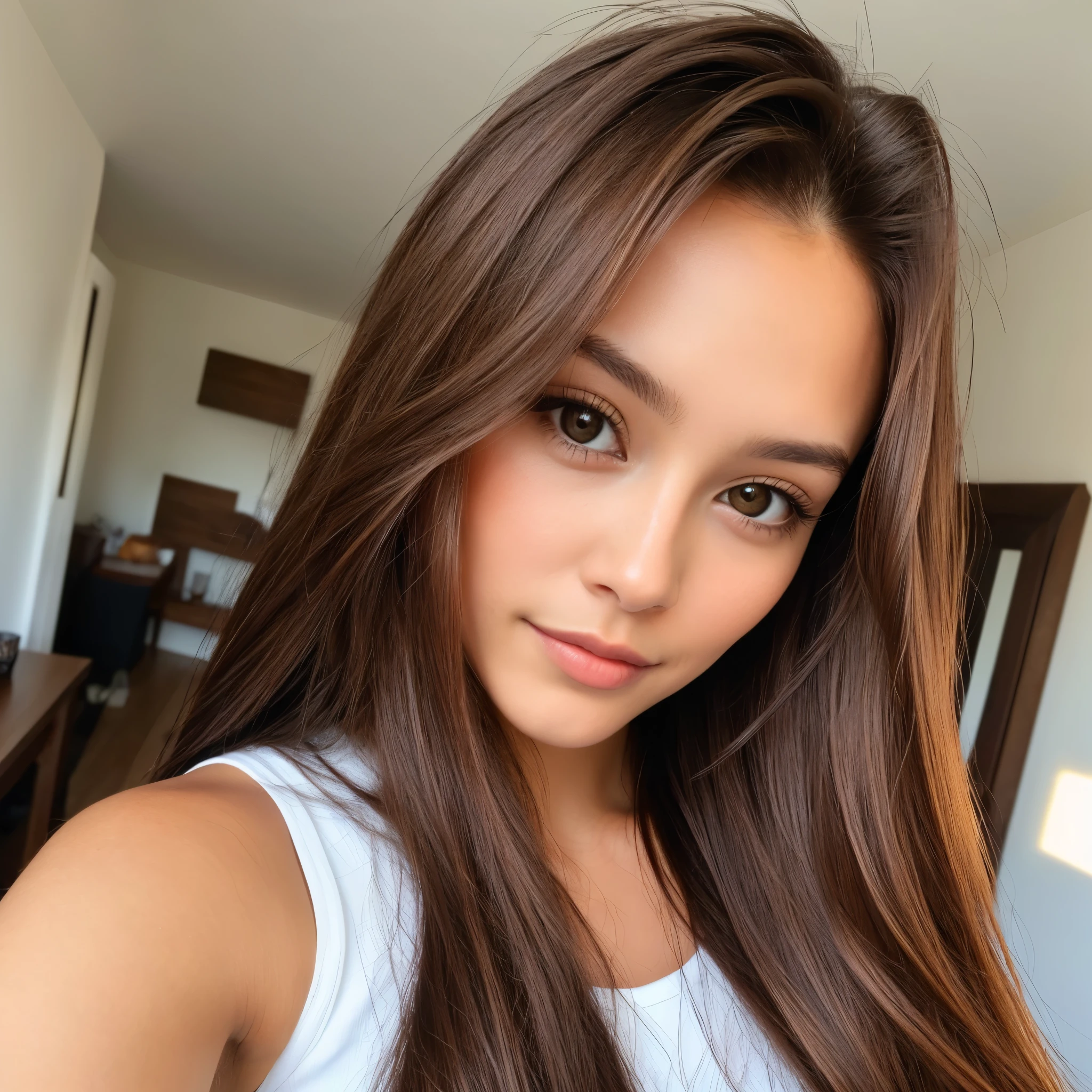 woman with long brown hair, brown eyes and taking selfie