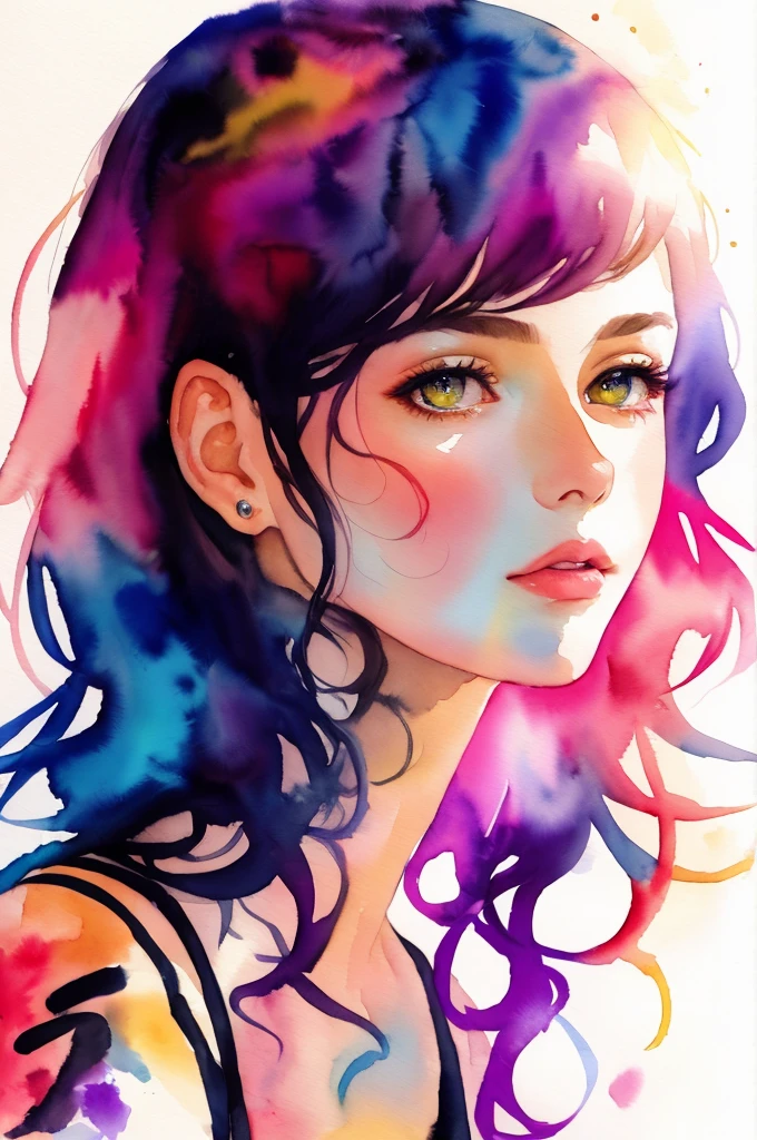 (8k, best quality, masterpiece:1.2),(best quality:1.0), (ultra highres:1.0), watercolor, a beautiful woman, shoulder, hair ribbons, by agnes cecile, half body portrait, extremely luminous bright design, pastel colors, (ink:1.3), autumn lights,