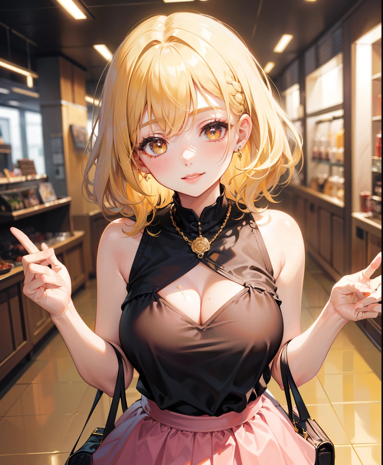 Dynamic posing, Arrange pose,Top quality work,,((short wavy Creamy Golden Blonde hair)),(Creamy Blonde hair),(short hair),(wavy hair),(golden eyes), lovely red lips, Rose cheeks, Pretty Face, A perfectly proportioned face, (casual clothes), wearing pink top and mini skirt, full-body view, amazing, Large round chest、Beautiful eye details、Beautiful eyelashes、beautiful double eyelid, with blush cheeks, smilling
