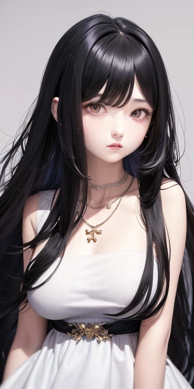 Top quality masterpiece illustrations、Black hair and black eyes、Wearing multiple necklaces、Girl in white dress looking up、Beautiful face with hair on the side long hair at the angle of the lower body is fair.