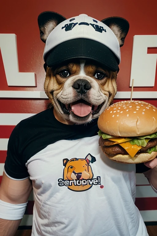 The logo features a cartoon bulldog wearing a backwards cap, sentado em uma pose relaxada com as pernas cruzadas, holding a large hamburger with both front paws. The bulldog has a happy expression and his eyes are shining with satisfaction as he devours the burger. A tipografia da palavra "Bulldog Burger" acompanha o contorno da imagem, com uma fonte divertida e moderna.