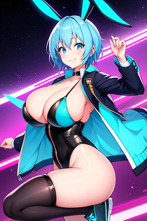 1girl, large breasts, breasts, thick thighs, hourglass figure, toned, smile, light smile, blue hair, light blue hair, blue eyes, very short hair, pixie cut, shoes, sneakers, thighhighs, bikini, black bikini, jacket, black jacket, open jacket, neon trim, neon, neon lights, blue trim, tech, machinery, science-fiction, futuristic, bunny ears, rabbit ears, cropped jacket, ((cropped jacket))