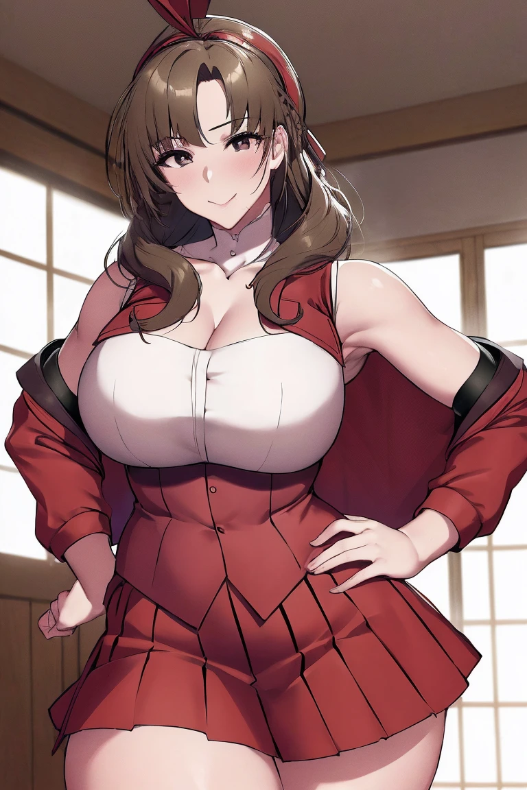 (masterpiece, the best quality:1.2), Cowboy shooting, Solitary, 1 Girl, Makoto Ohama,seductive smile, Shut up, Looking at the audience,posture, Hands on Hips,Large Breasts ,((Cleavage))Headband, Osukidev, Strapless, Lace-up boots, army,  uniform, pleated skirt, (Red Jacket:1.5), skirt, High Leg Raise, , white High Leg Raise, White Ribbon, Buttons, (sleeveless:1.5),National Foundation,official art,Extremely detailed CG Unity 8K wallpaper, Perfect lighting, (masterpiece:1.0),(the best_quality:1.0), Ultra-high resolution,4K,Super detailed, photography, 8k, HDR, high resolution, absurd:1.2, Kodak Portrait 400, Film Grain, Blurred background, Bokeh:1.2, lens flare, (Energetic_color:1.2),(fair_Face:1.5),(narrow_waist),(Perfect hands, Perfect anatomical structure),