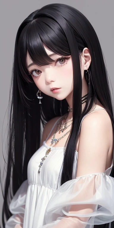 Top quality masterpiece illustrations、Black hair and black eyes、Wearing multiple necklaces、Girl in white dress looking up、Beautiful face with hair on the side long hair at the angle of the lower body is fair.