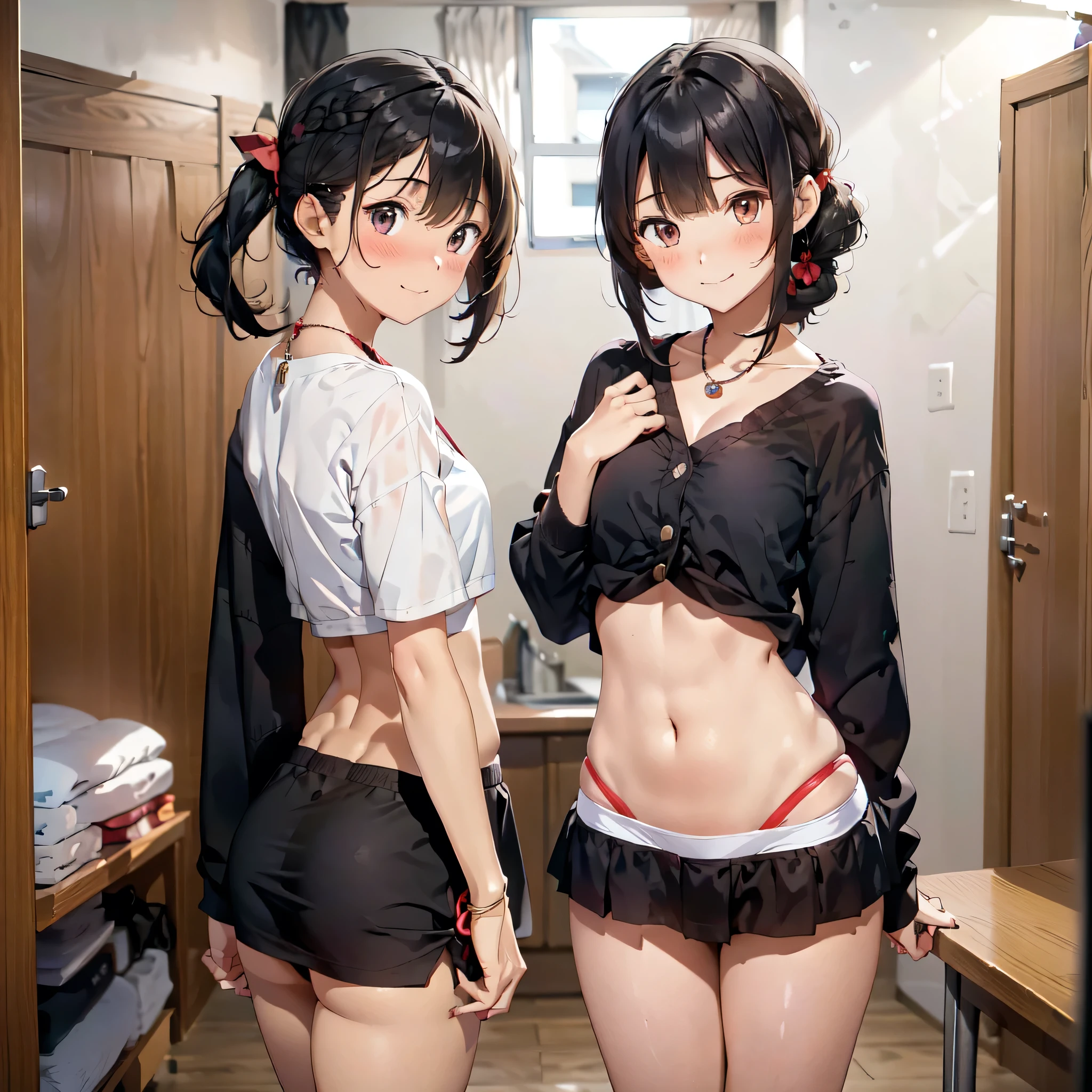 ((masterpiece, best quality, ultra quality, high quality, hyper detailed, intricate detailed, perfect anatomy, shiny skin)), ((three girls are sticking out their big butt boldly)), (body shot), (big butt), (In the school changing room), (smile, shy, red cheek, blush, Open your mouth:1.5), (slender), hair band, Headband, hair bobbles, brown hair, blond hair, navel, jewelry, looking at viewer, necklace, long hair, short hair, Abdominal muscles, (Thong:1.2), straight hair, bob cut, blunt bangs, silky hair, jet black hair, hair clip, hair band, hair ribbon, one-length haircut, ducktail, outward curled hair, French twist hair, twintails, side ponytail, single braid, wavy hair, bangs pinned back,