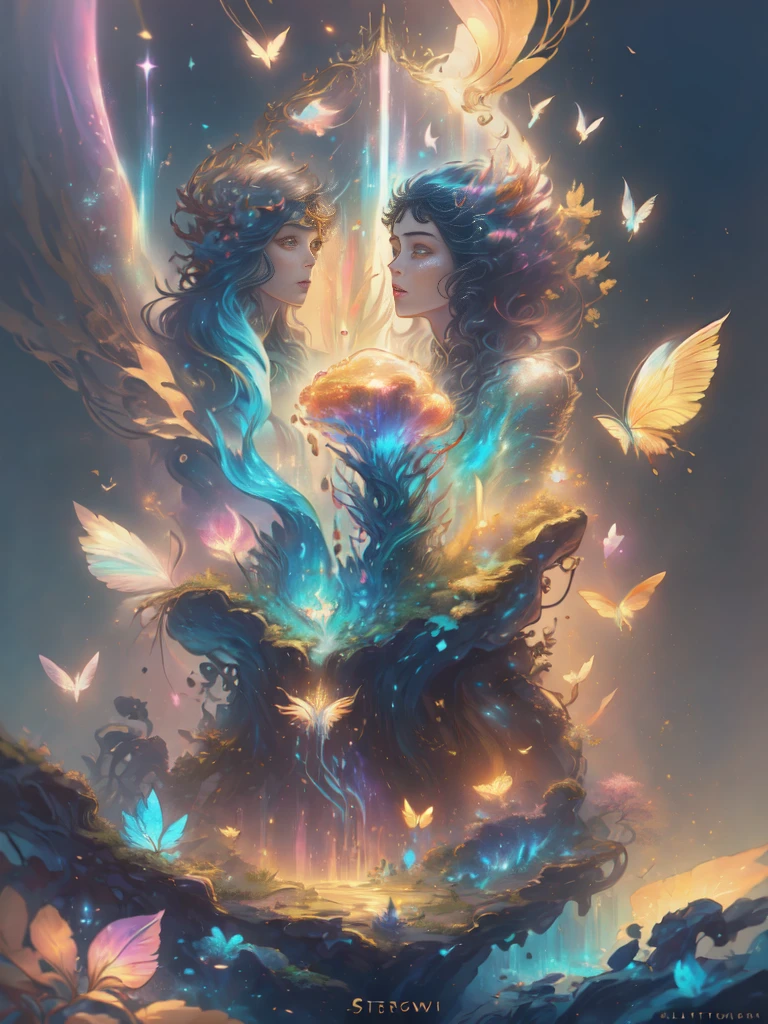 (((masterpiece))), (((ornate))), (((best quality))), ((ultra-detailed)), (highly detailed CG illustration), ((an extremely delicate and beautiful)), cinematic light. Create a stunning fantasy artwork that mimics the style of currently trending masters of the genre. The art piece should contain rich and ornate elements of both mythic fantasy and fairytale fantasy with colorful rainbow accents and dark jewel-toned hues. ((Utilize the rainbow as the main color scheme.)) The character in the artwork is a delicate but strong figure with an aura of mystery and magic. Pay close attention to intricate facial features, such as mesmerizing eyes with vibrant colors and bold shading. The character's clothing should be designed with gossamer feathers, silk, stunning embroidery, and subtle iridescent details. Incorporate (((translucent iridescent rainbows))), dreamy colors, dynamic lighting, and detailed background elements to create a sense of awe and immersion. ((Include colorful flying magical birds and jewel-toned rainbow butterflies radiating a magical aura.)) Consider the latest trends in fantasy art, such as incorporating unique lighting effects, exploring dynamic and compelling composition techniques, and experimenting with unique color palettes. Take inspiration from the top artists on ArtStation and Midjourney. Camera: Choose an angle that highlights the character's beauty and enhances the magical majesty of the artwork. Lighting: Utilize atmospheric lighting techniques to create depth and mood. Resolution: Aim for a high-resolution artwork to showcase intricate details and clarity. Art Inspirations: Seek inspiration from the trending artists on ArtStation, exploring different styles, genres, and themes.