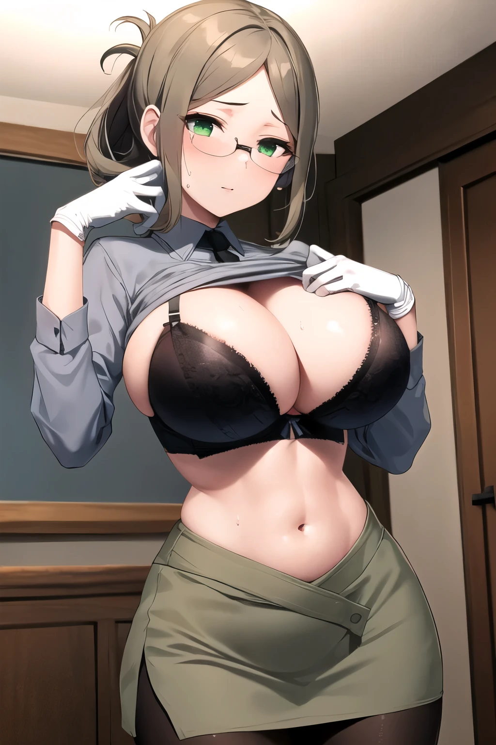 One girl, alone,
Katori \(Kantai Collection\), Brown Hair, Folded ponytail, Parted bangs, Green Eyes, Glasses, 縁なしGlasses,
Grey Shirt, Collared shirt, Long sleeve, Black tie, White gloves, Grey Skirt, mini skirt, Pencil Skirt, Black Pantyhose,
indoor,(large breast),(round breast),busty,full bust,sweat,(slender:1.4),(narrow_Waist:1.4),(thin_Waist:1.5),(black bra),Emphasize cleavage,(shirt lift),((toned stomach))