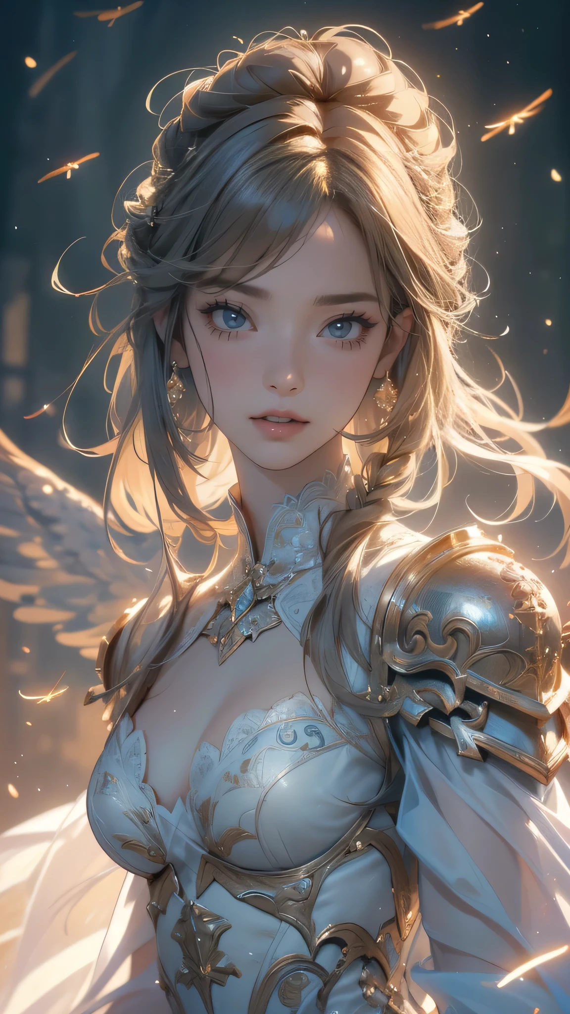 from below,angel armor,(fly down from the sky:1.5),(random hairstyle),(Highest image quality,(8k),ultra-realistic,best quality, high quality, high definition, high quality texture,high detail,beautiful detailed,fine detailed,extremely detailed cg,detailed texture,a realistic representation of the face,masterpiece,Sense of presence)